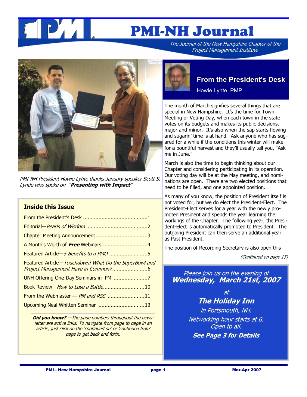 PMI-NH Journal the Journal of the New Hampshire Chapter of the Project Management Institute