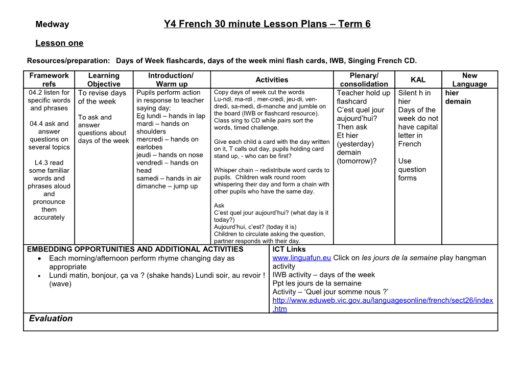 Medway Y4 French 30 Minute Lesson Plans Term 6