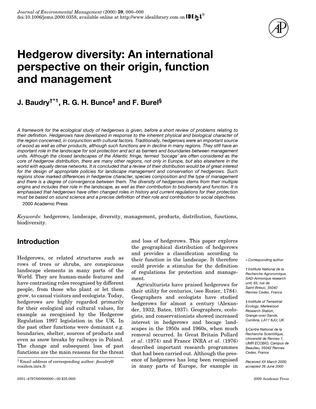 Hedgerow Diversity: an International Perspective on Their Origin, Function and Management