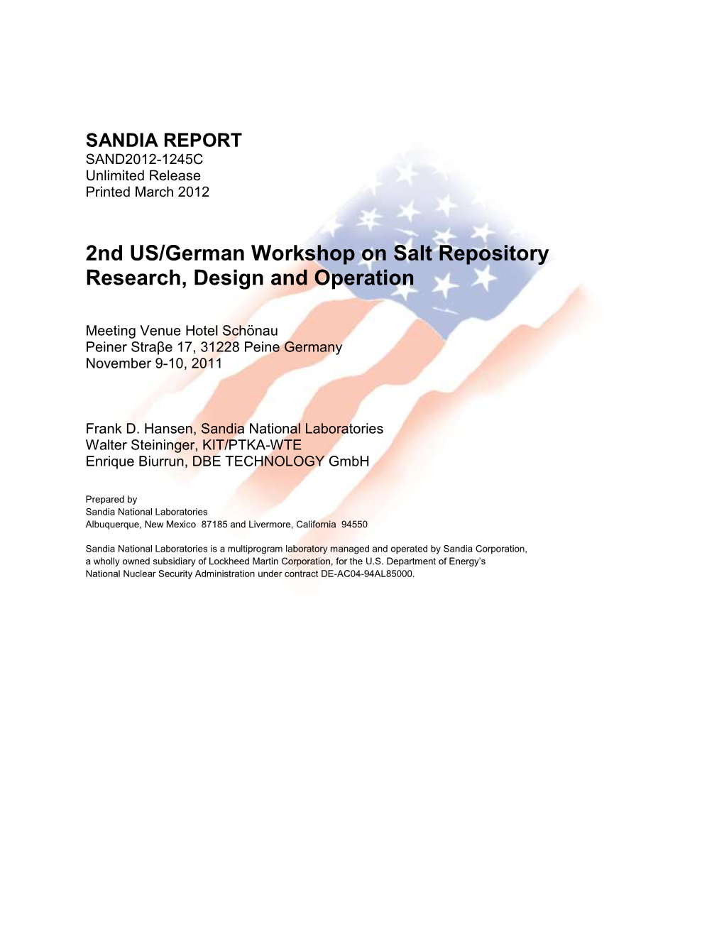 2Nd US/German Workshop on Salt Repository Research, Design and Operation