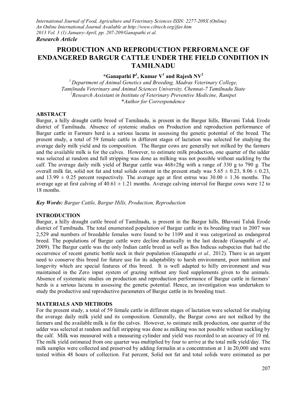 Production and Reproduction Performance of Endangered Bargur Cattle Under the Field Condition in Tamilnadu