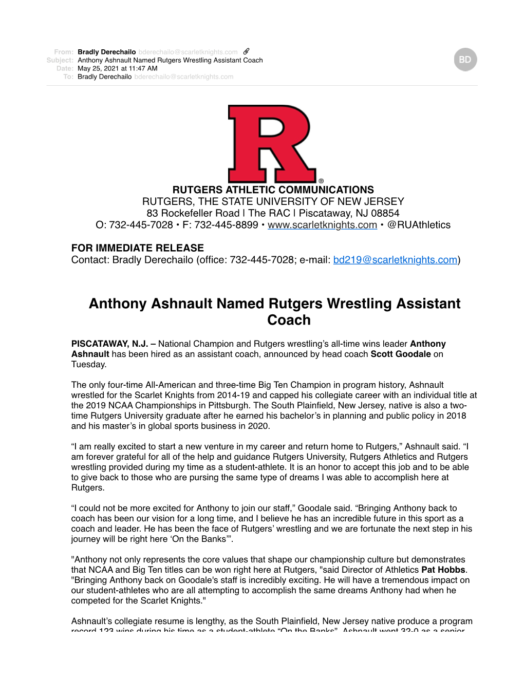 Anthony Ashnault Named Rutgers Wrestling Assistant Coach Date: May 25, 2021 at 11:47 AM To: Bradly Derechailo Bderechailo@Scarletknights.Com