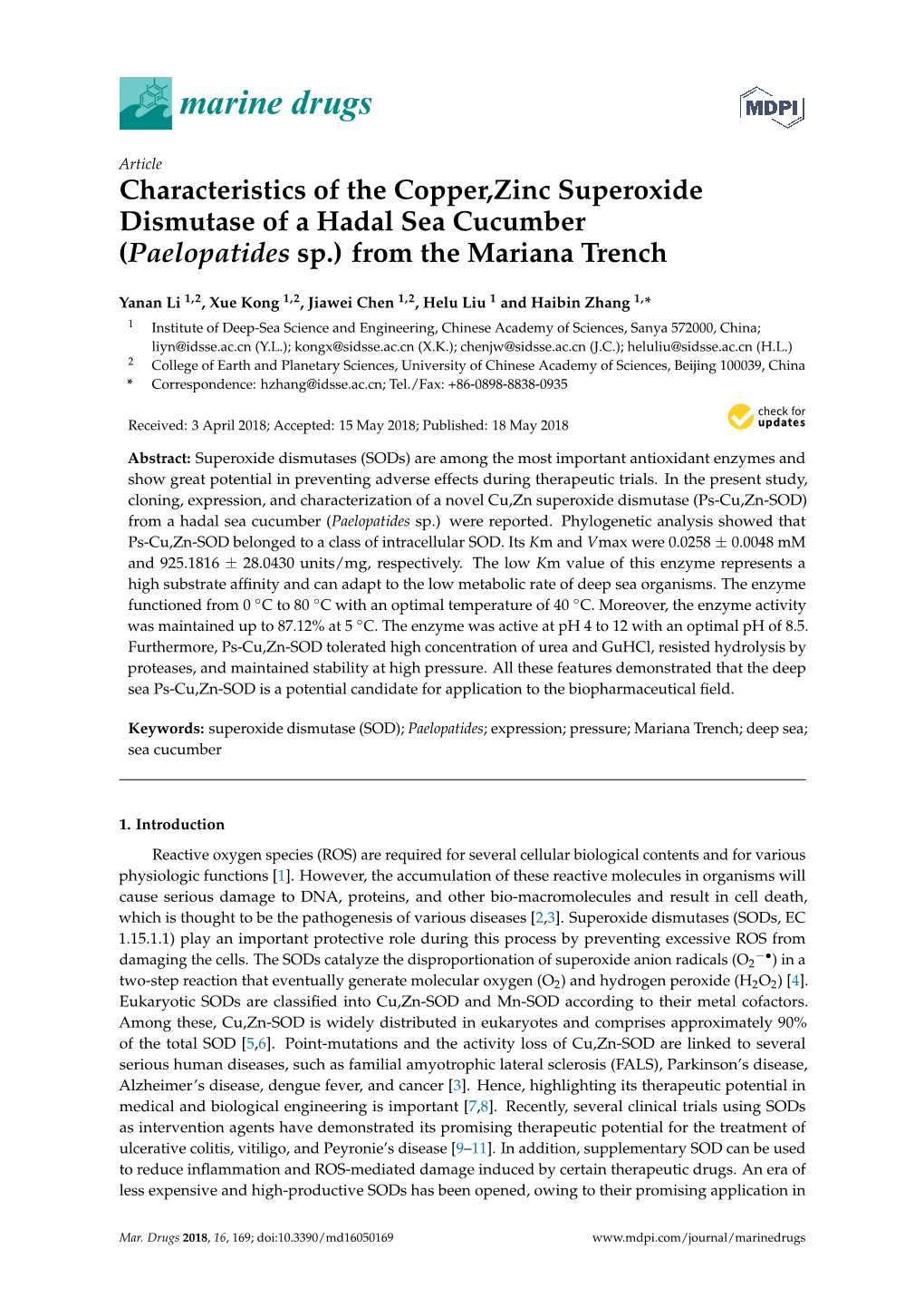 Characteristics of the Copper,Zinc Superoxide Dismutase of a Hadal Sea Cucumber (Paelopatides Sp.) from the Mariana Trench