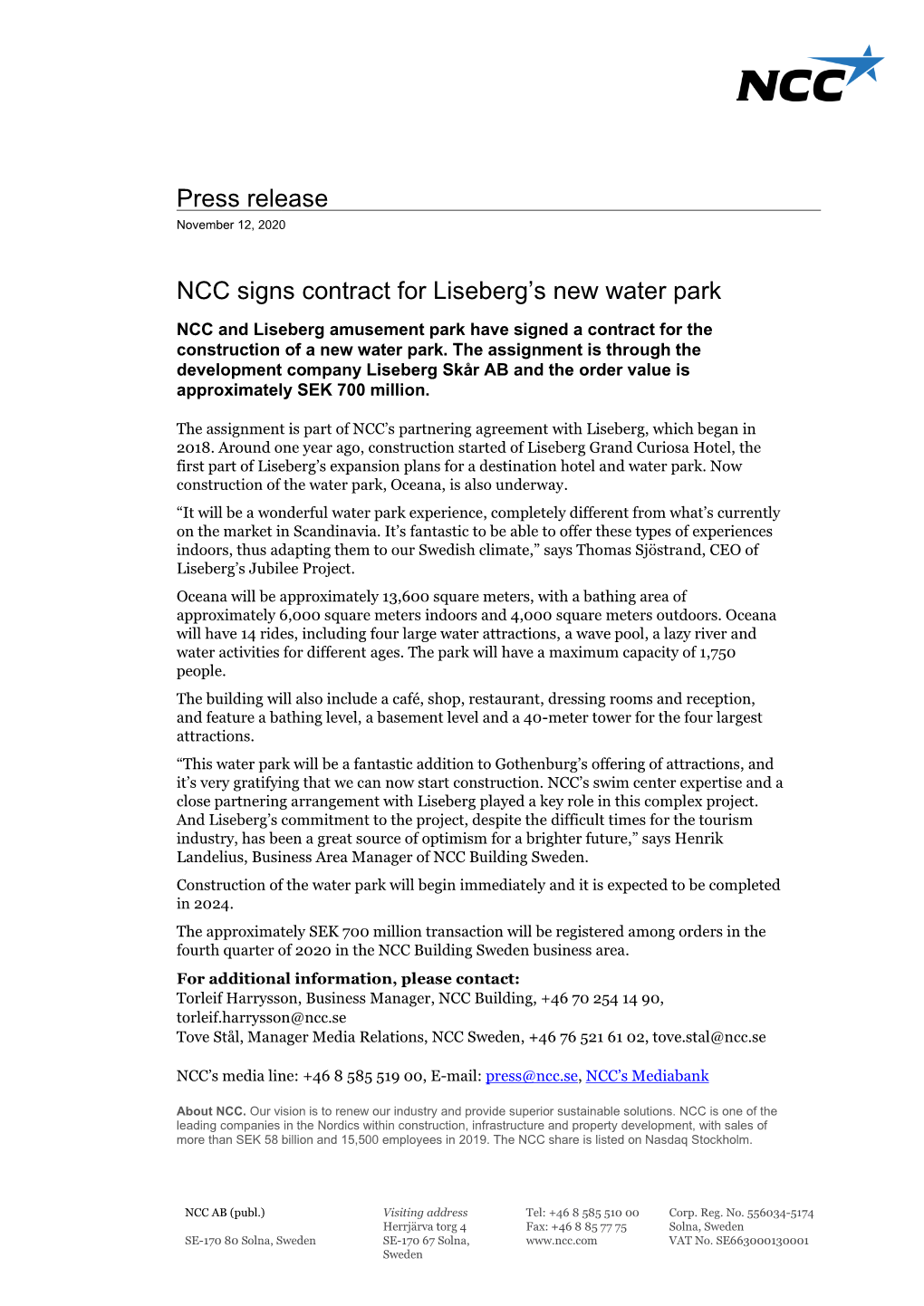 Press Release NCC Signs Contract for Liseberg's New Water Park