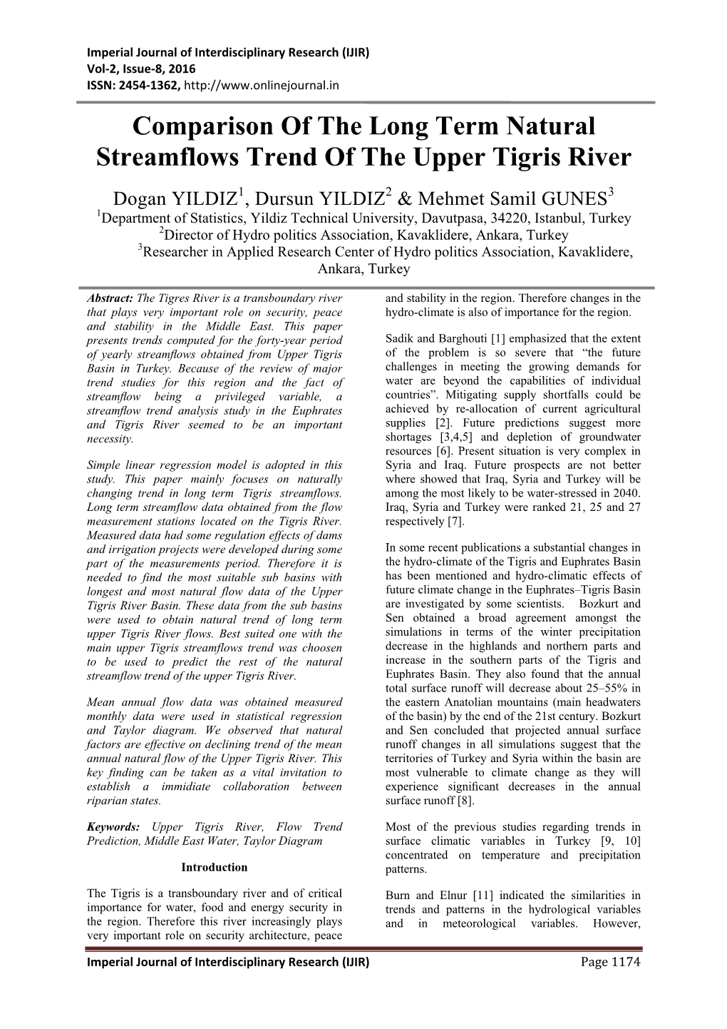 Comparison of the Long Term Natural Streamflows Trend of the Upper Tigris River