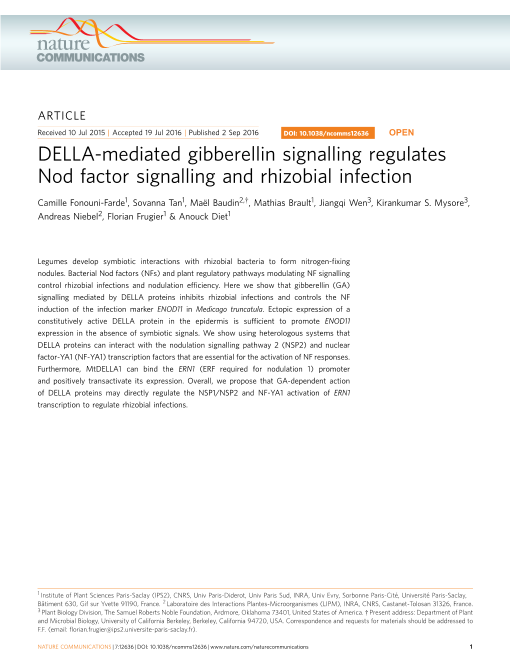 DELLA-Mediated Gibberellin Signalling Regulates Nod Factor Signalling and Rhizobial Infection