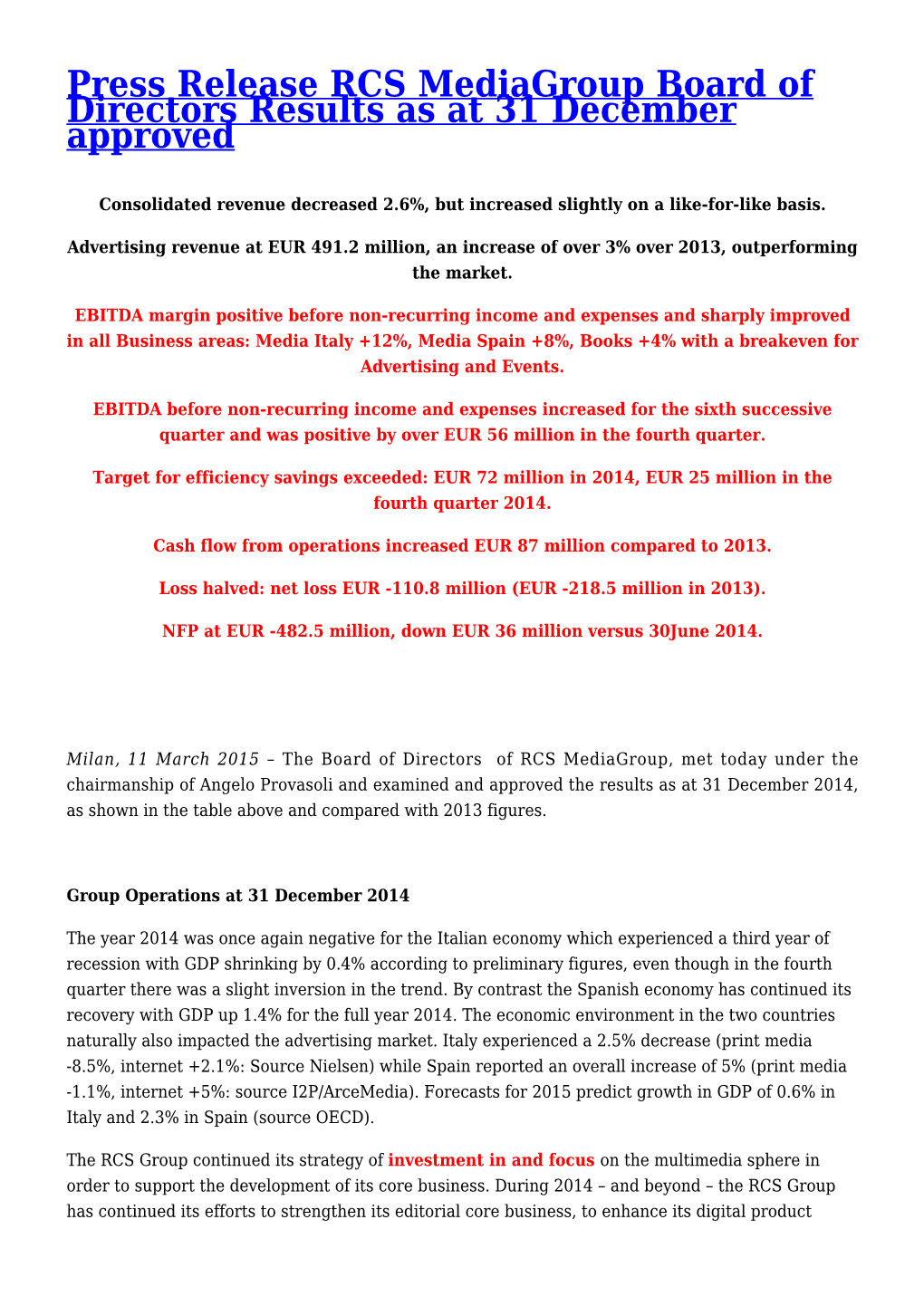 Press Release RCS Mediagroup Board of Directors Results As at 31 December Approved