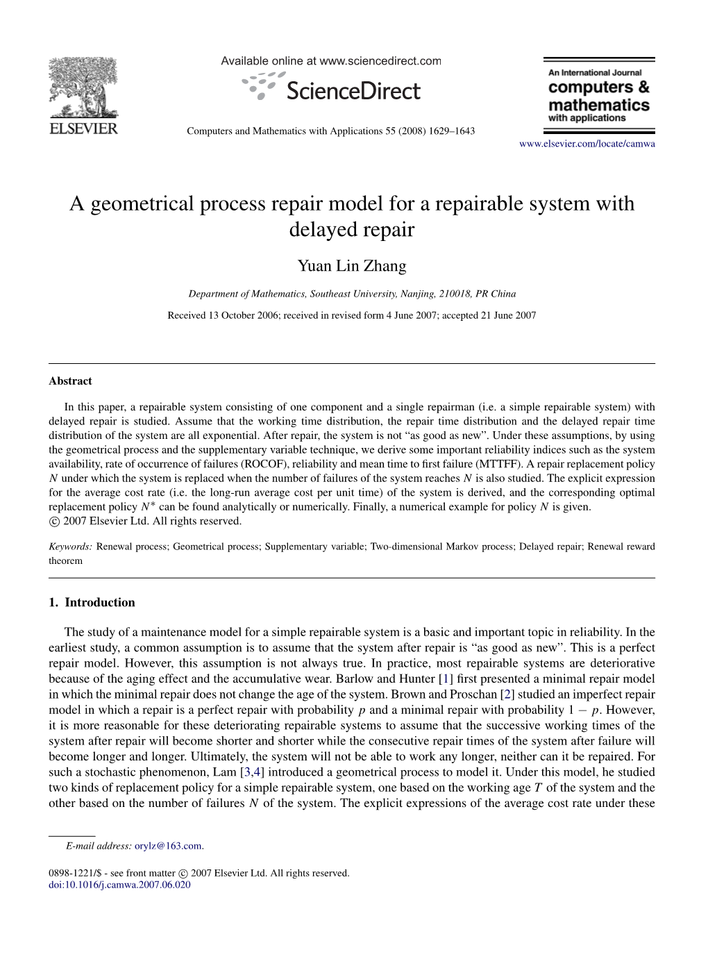 A Geometrical Process Repair Model for a Repairable System with Delayed Repair