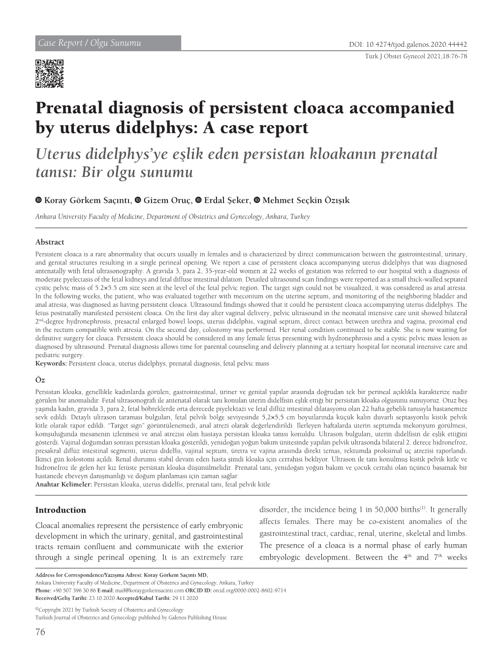 Prenatal Diagnosis of Persistent Cloaca Accompanied by Uterus