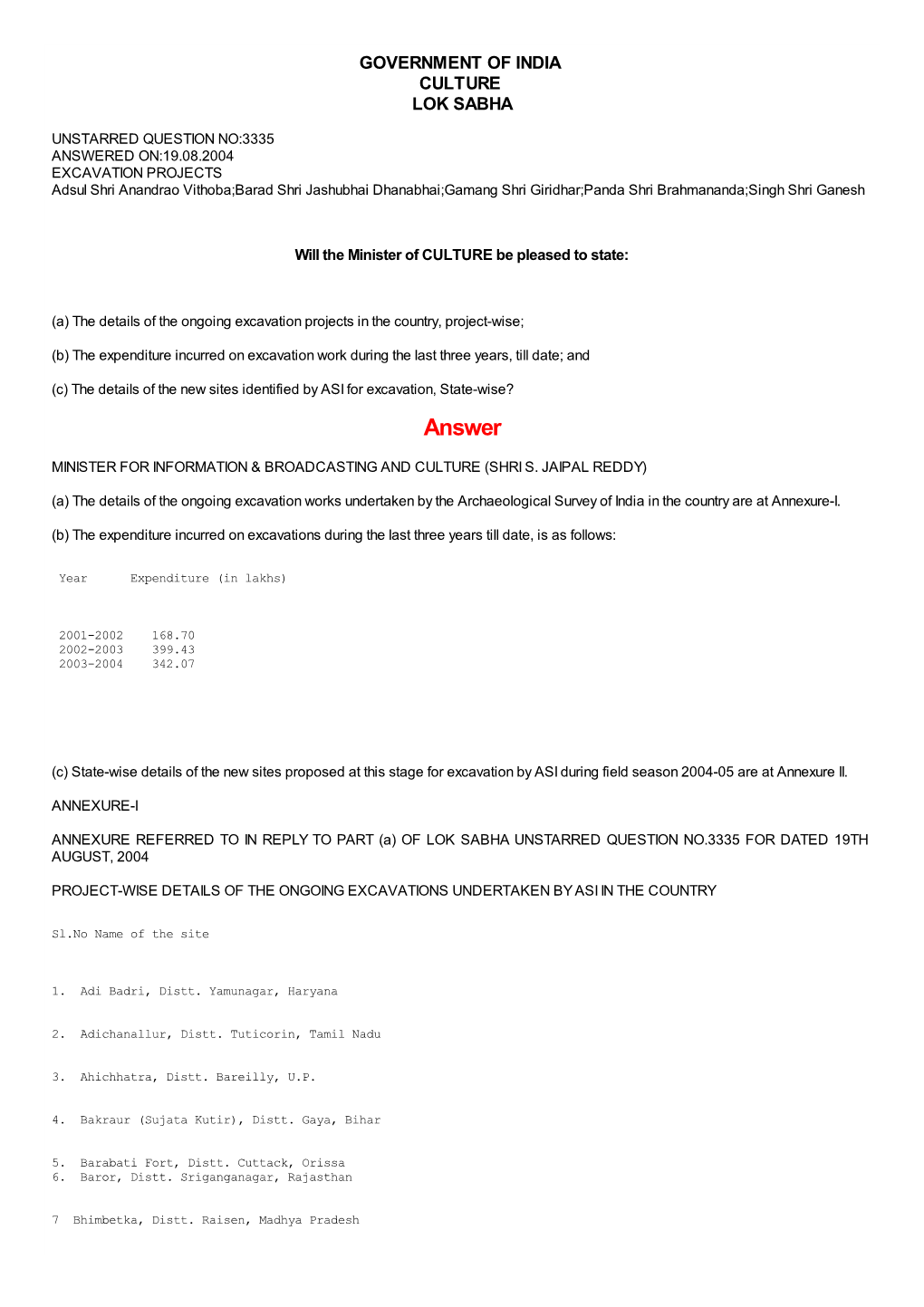 ANSWERED ON:19.08.2004 EXCAVATION PROJECTS Adsul Shri Anandrao Vithoba;Barad Shri Jashubhai Dhanabhai;Gamang Shri Giridhar;Panda Shri Brahmananda;Singh Shri Ganesh