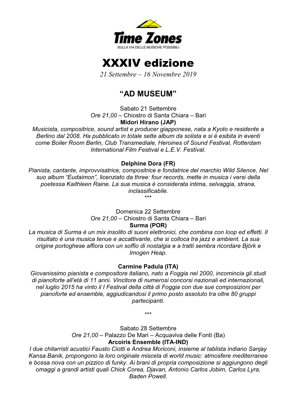 XXXIV Edizione Time Zones Programma