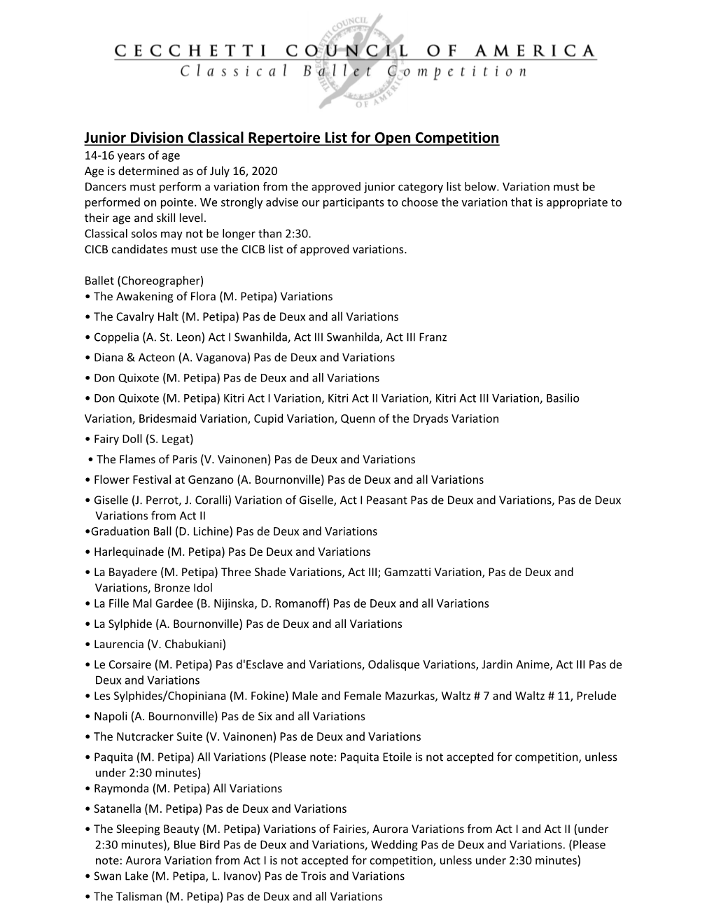 Junior Division Classical Repertoire List for Open Competition