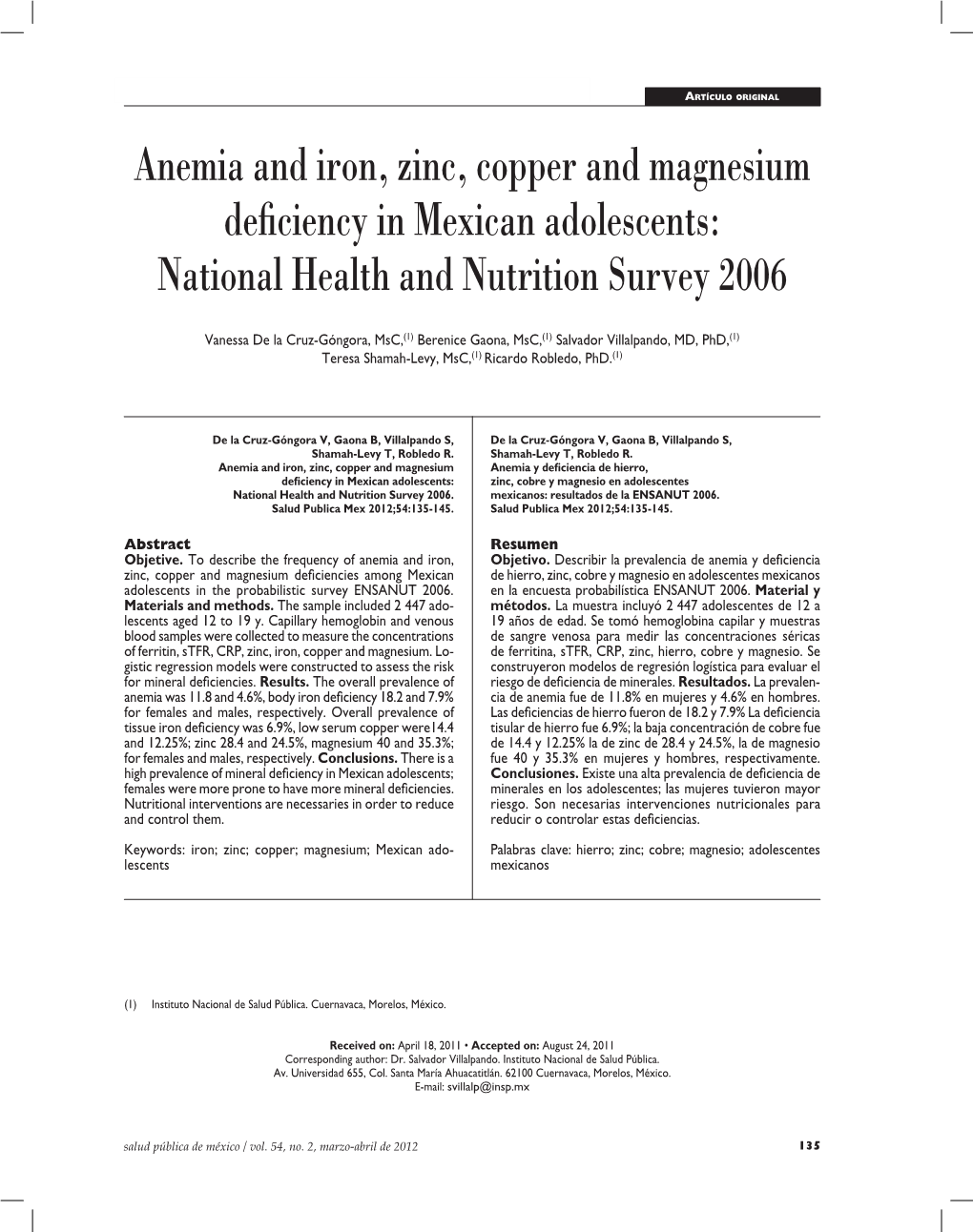 Anemia and Iron, Zinc, Copper and Magnesium Deficiency in Mexican Adolescents: National Health and Nutrition Survey 2006