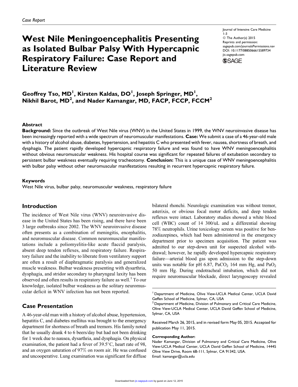 West Nile Meningoencephalitis Presenting As Isolated Bulbar Palsy