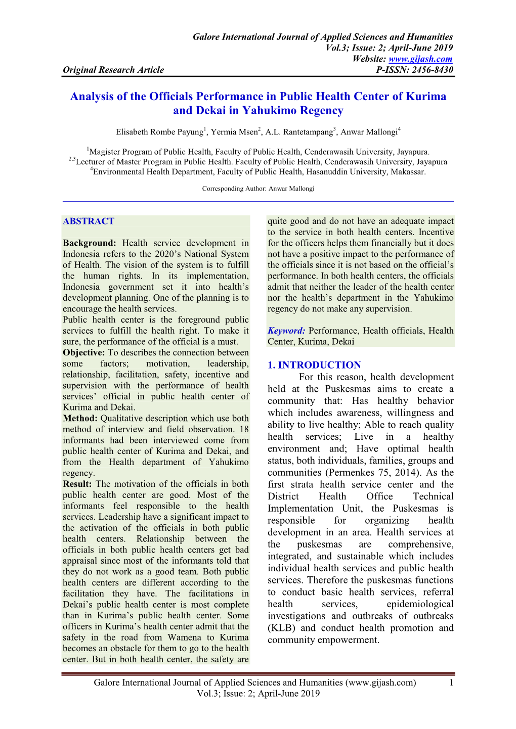 Analysis of the Officials Performance in Public Health Center of Kurima and Dekai in Yahukimo Regency