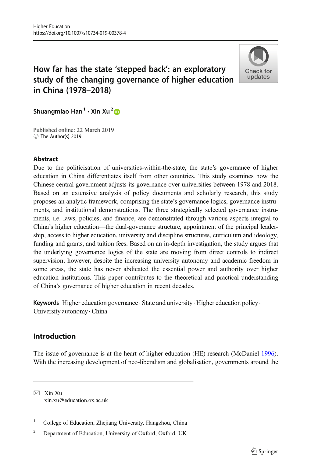 An Exploratory Study of the Changing Governance of Higher Education in China (1978–2018)