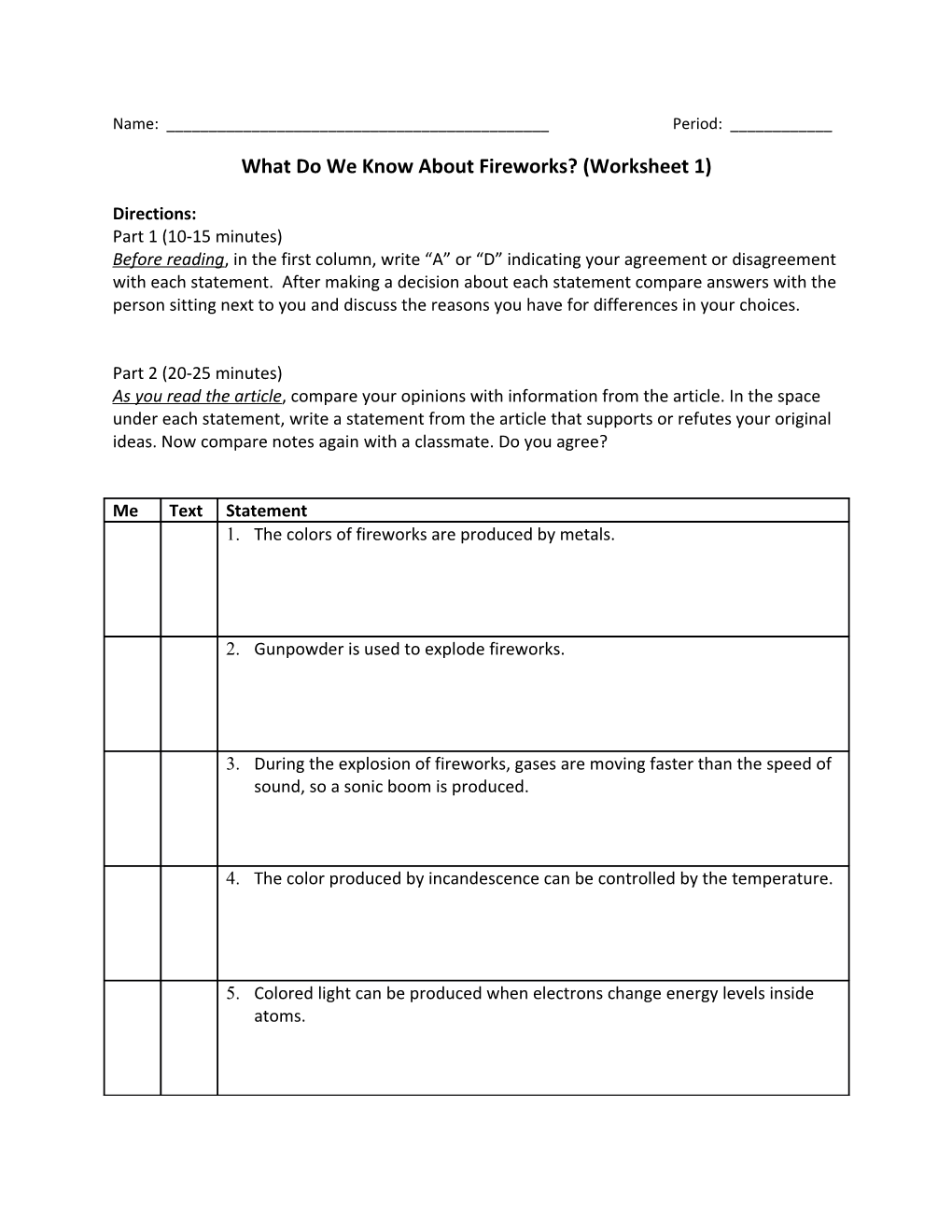 What Do We Know About Fireworks? (Worksheet 1)