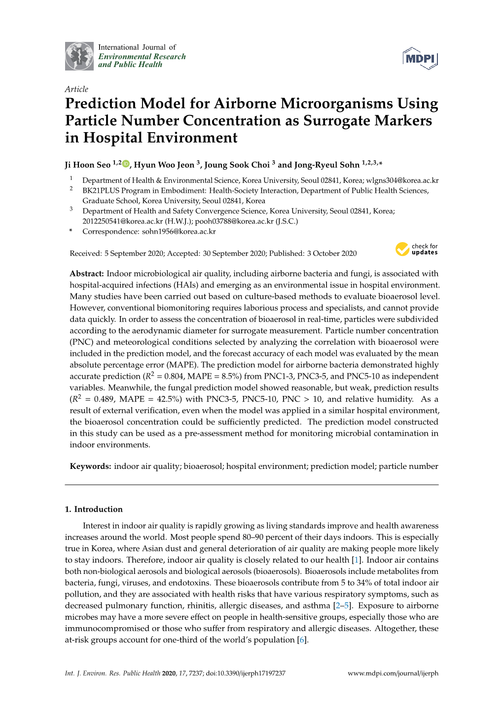 Prediction Model for Airborne Microorganisms Using Particle Number Concentration As Surrogate Markers in Hospital Environment