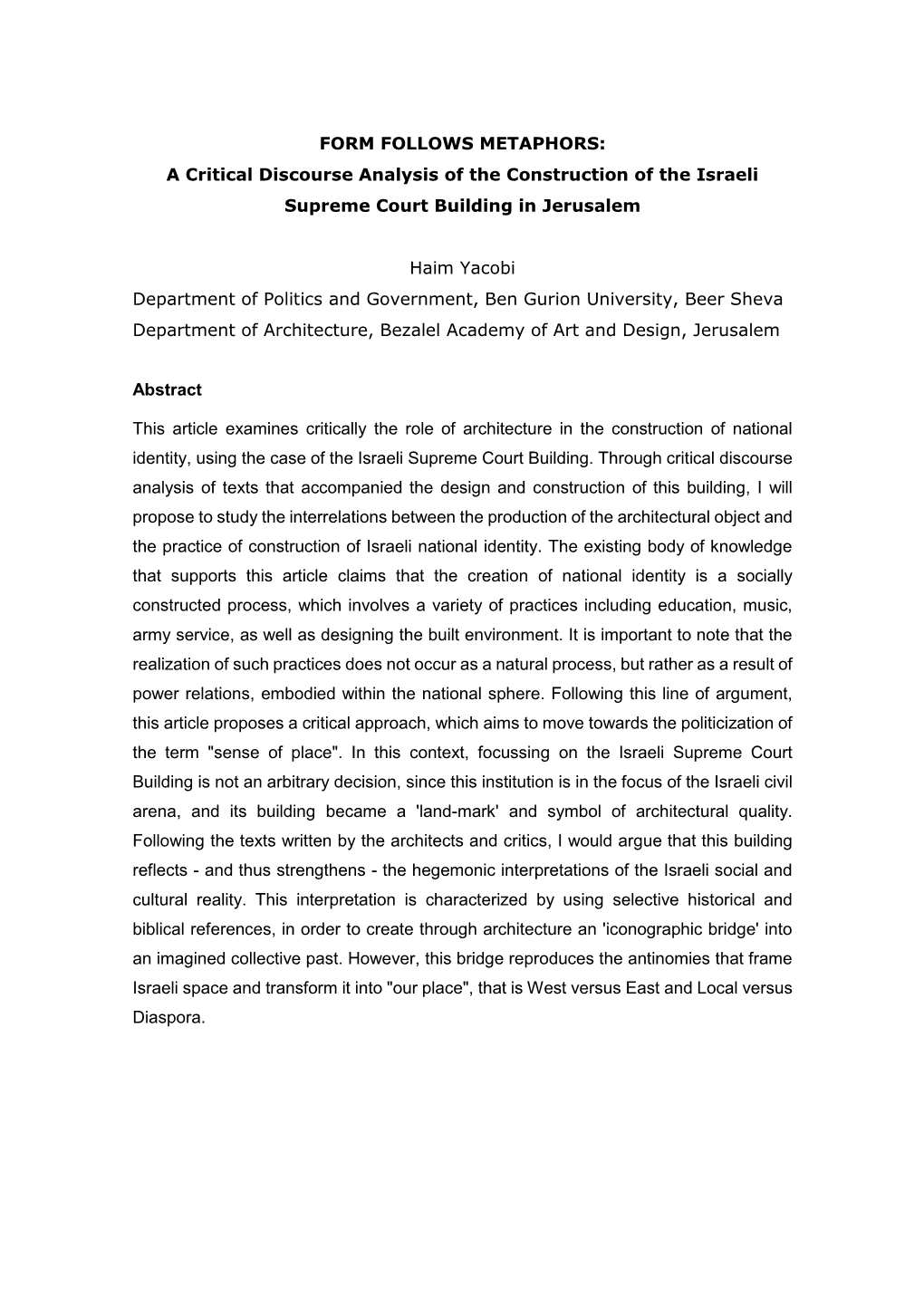 A Critical Discourse Analysis of the Construction of the Israeli Supreme Court Building in Jerusalem