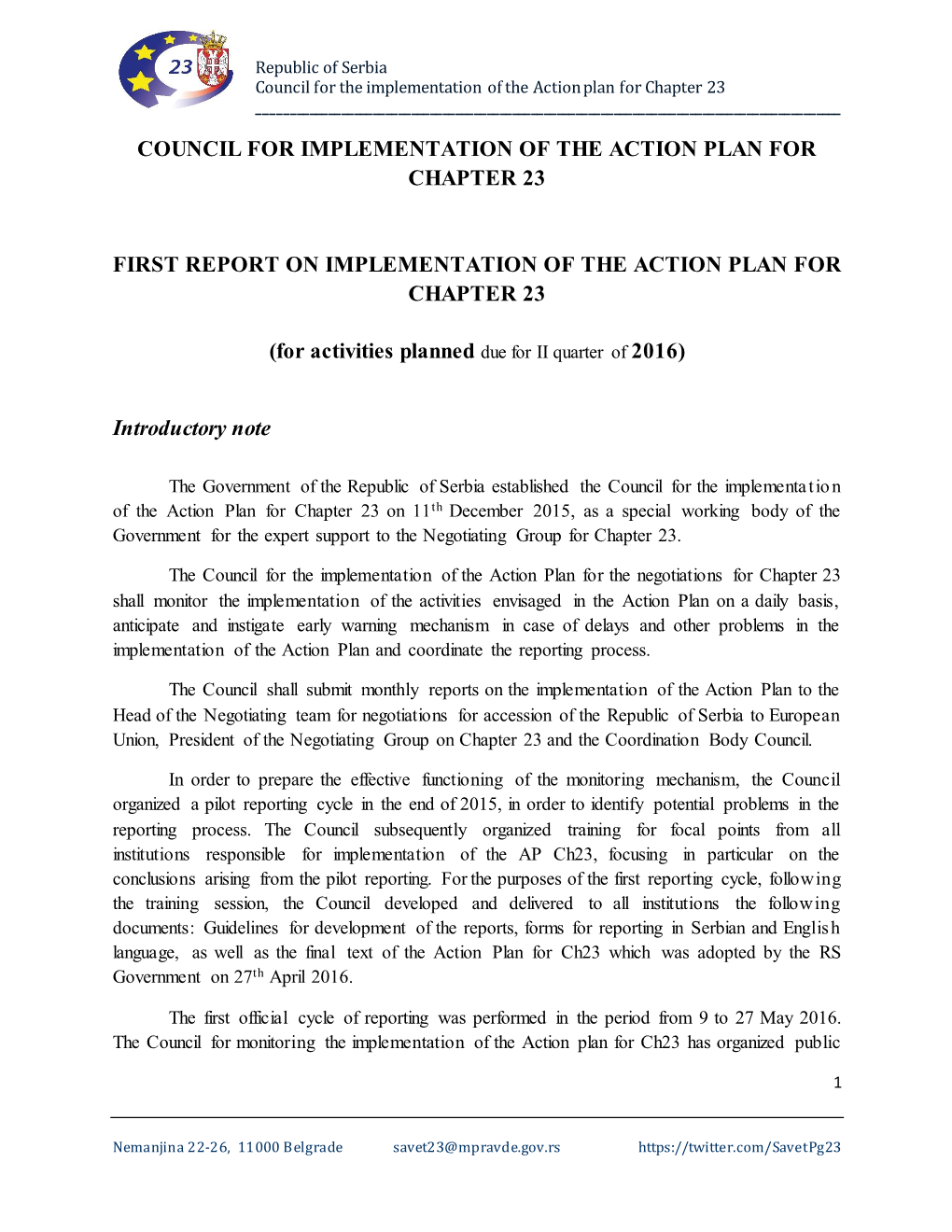 First Report on Implementation of the Action Plan for Chapter 23