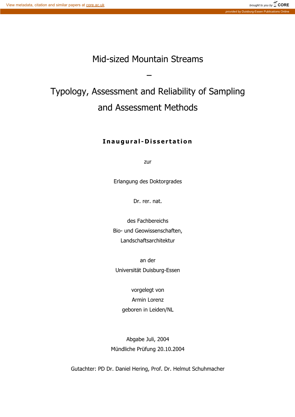 Mid-Sized Mountain Streams – Typology, Assessment and Reliability of Sampling and Assessment Methods