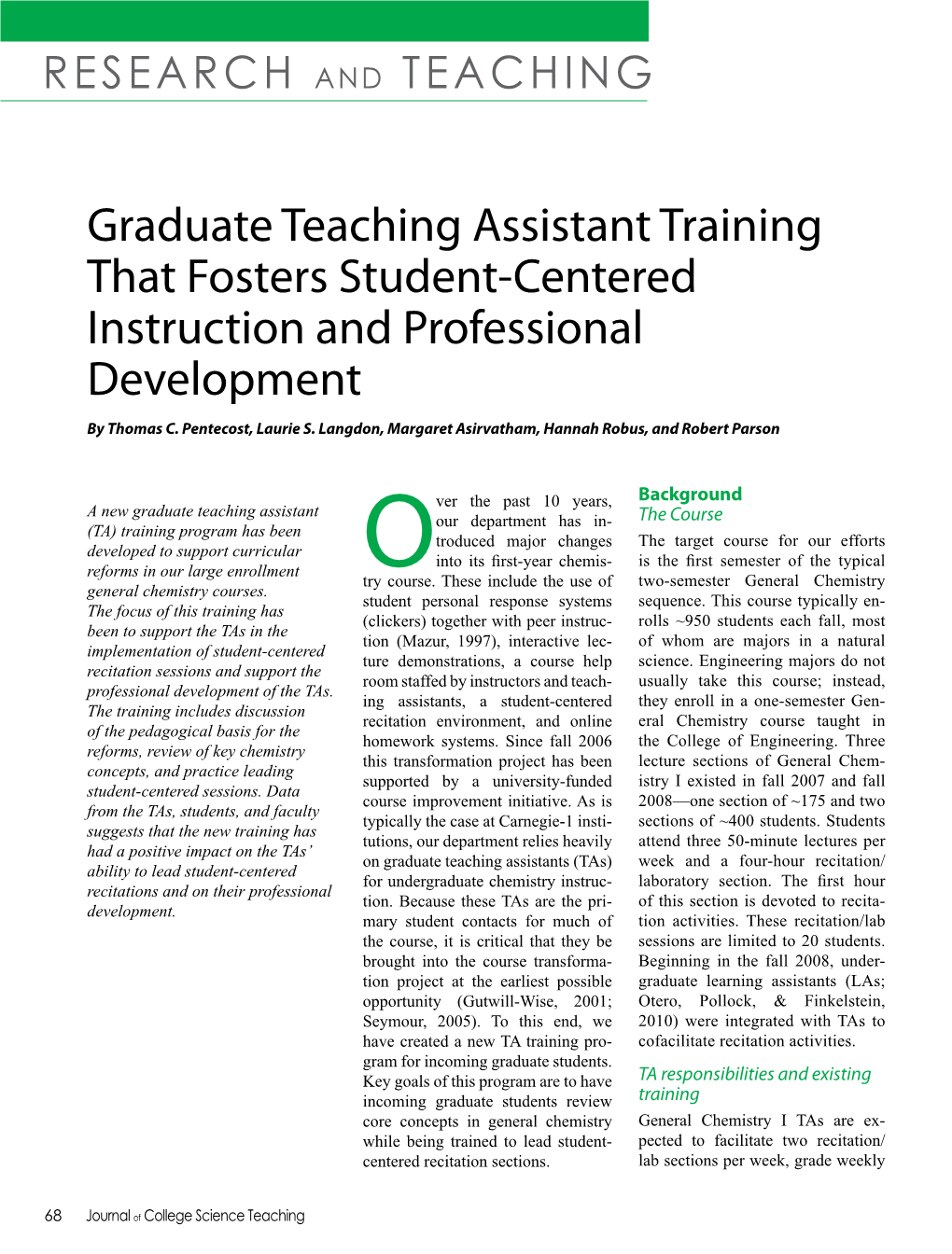 Graduate Teaching Assistant Training That Fosters Student-Centered Instruction and Professional Development by Thomas C