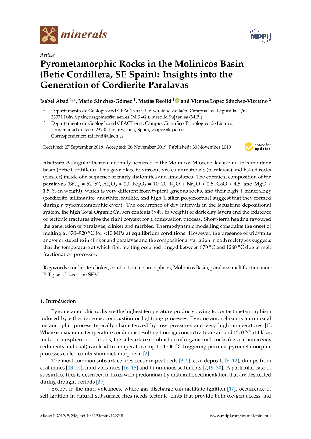 Pyrometamorphic Rocks in the Molinicos Basin (Betic Cordillera, SE Spain): Insights Into the Generation of Cordierite Paralavas