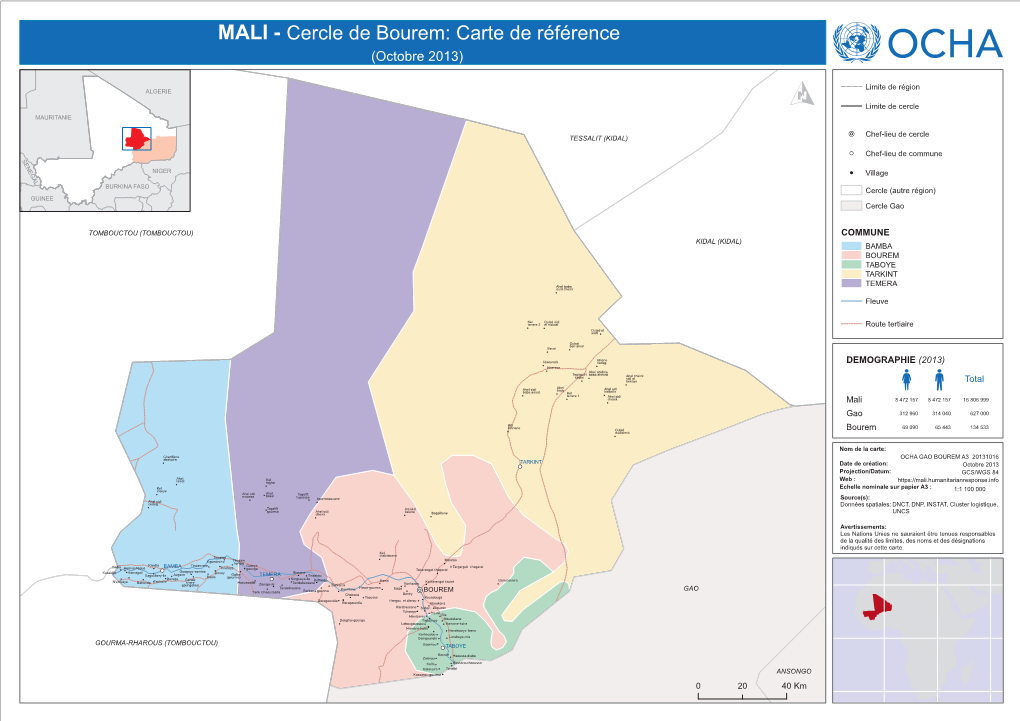 MALI - Cercle De Bourem: Carte De Référence (Octobre 2013)