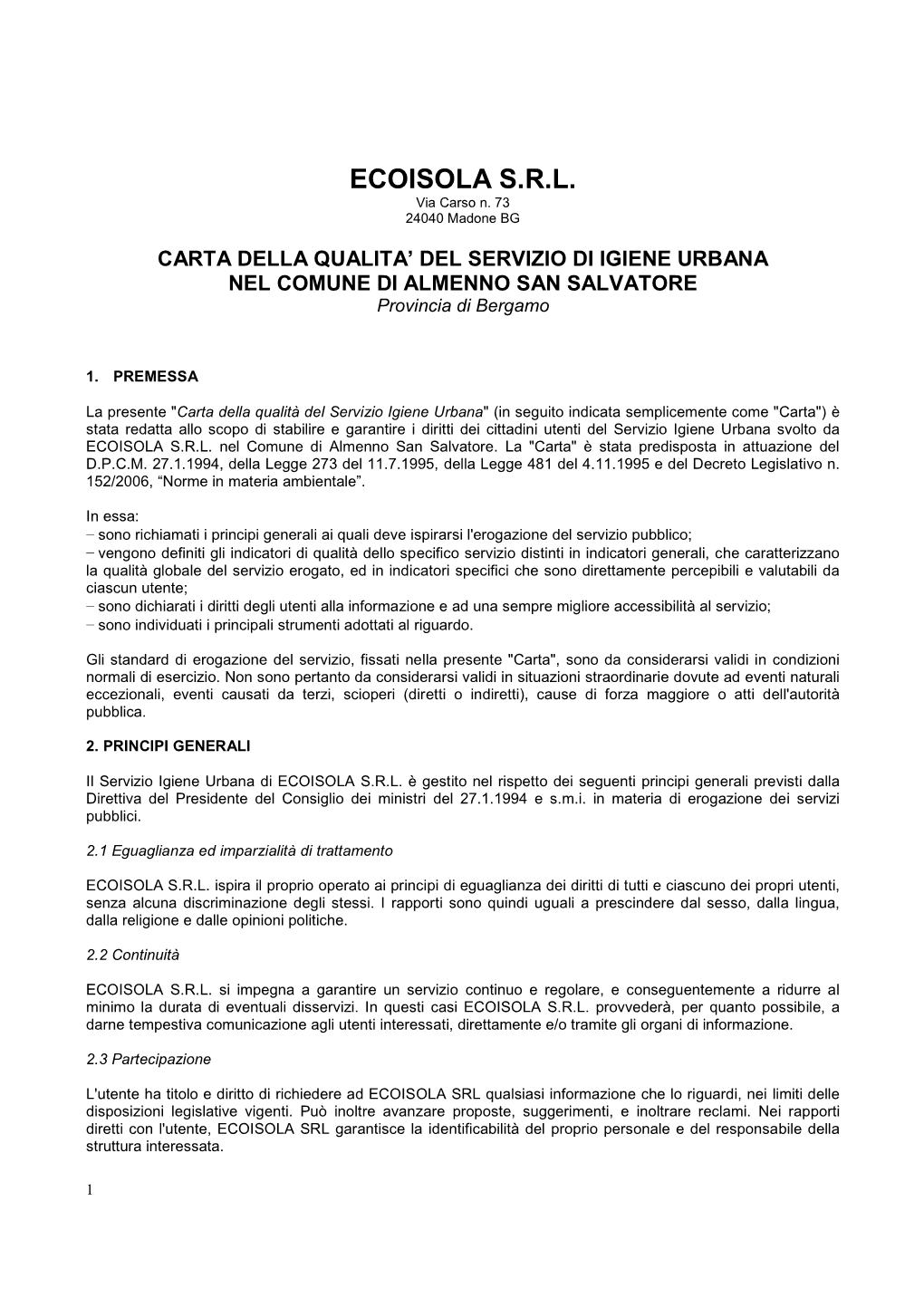 Carta Del Servizio Di Almenno San Salvatore