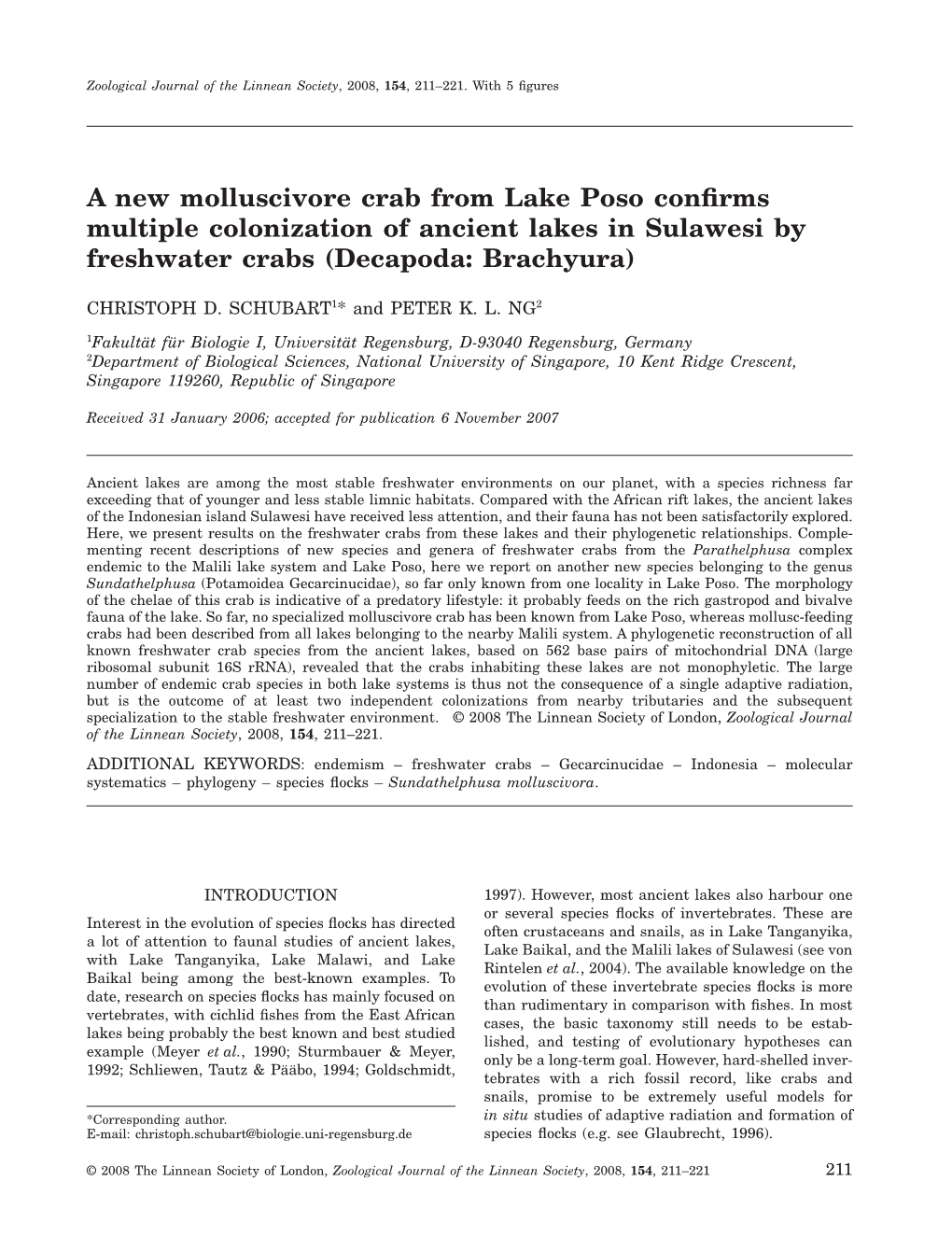 A New Molluscivore Crab from Lake Poso Conﬁrms Multiple Colonization of Ancient Lakes in Sulawesi by Freshwater Crabs (Decapoda: Brachyura)