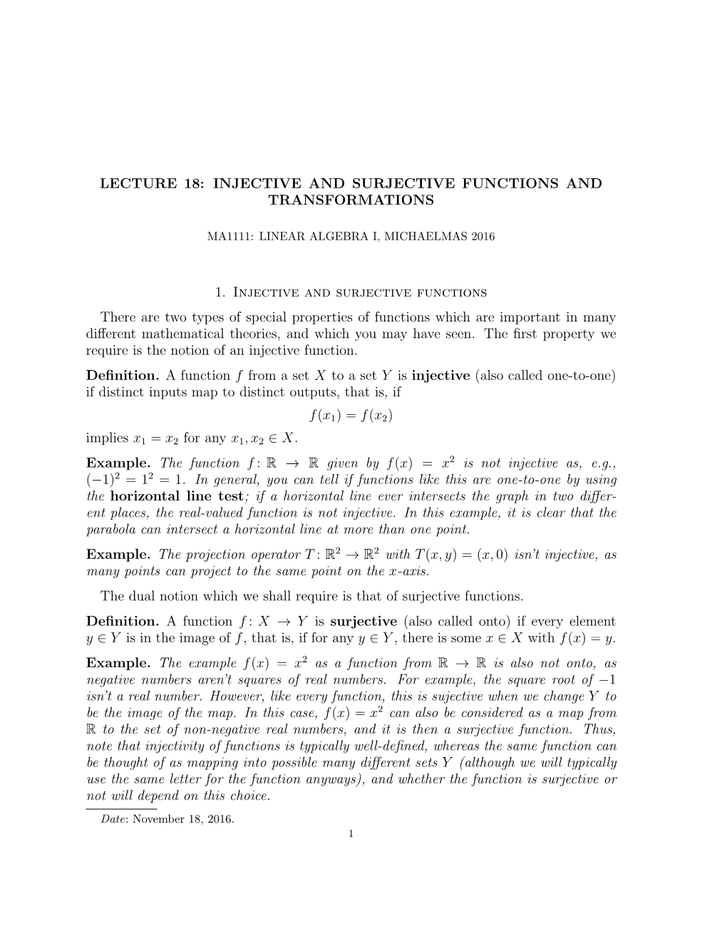 Lecture 18: Injective and Surjective Functions and Transformations