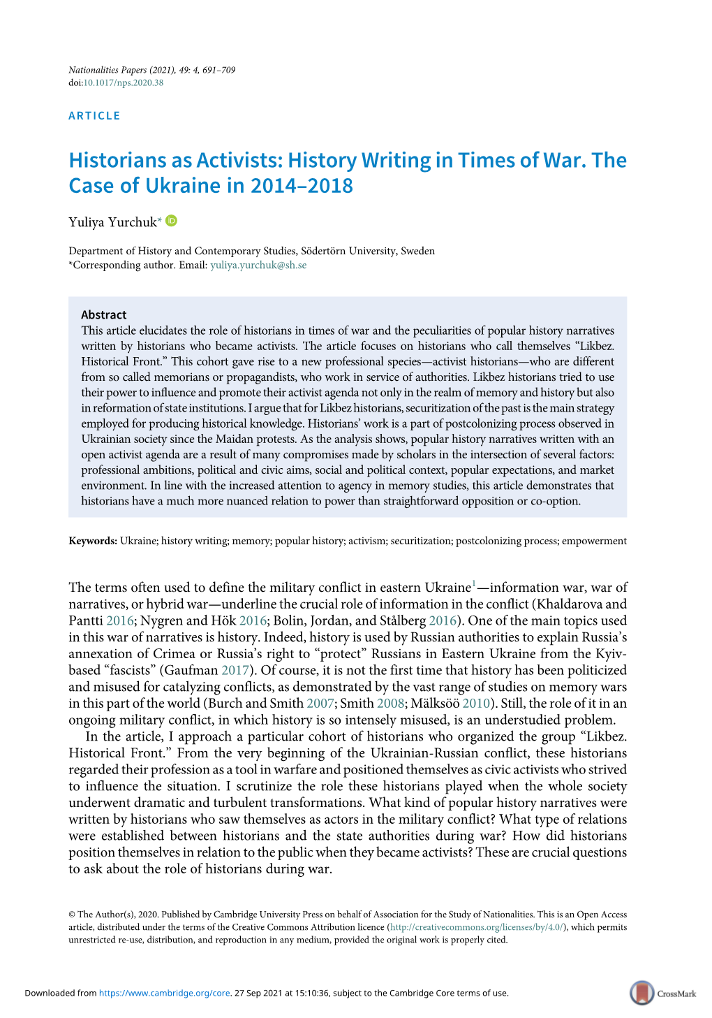 Historians As Activists: History Writing in Times of War. the Case of Ukraine in 2014–2018