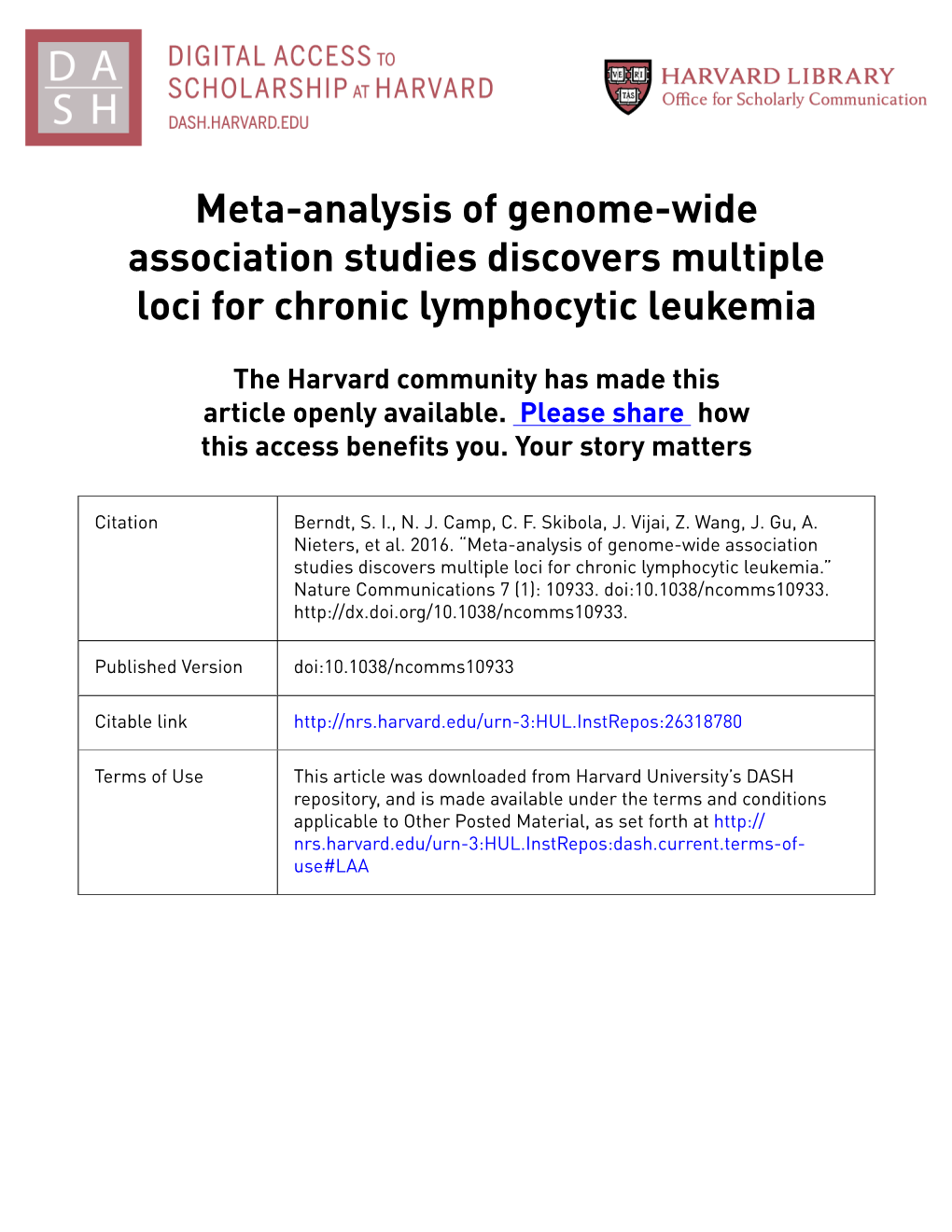 Meta-Analysis of Genome-Wide Association Studies Discovers Multiple Loci for Chronic Lymphocytic Leukemia