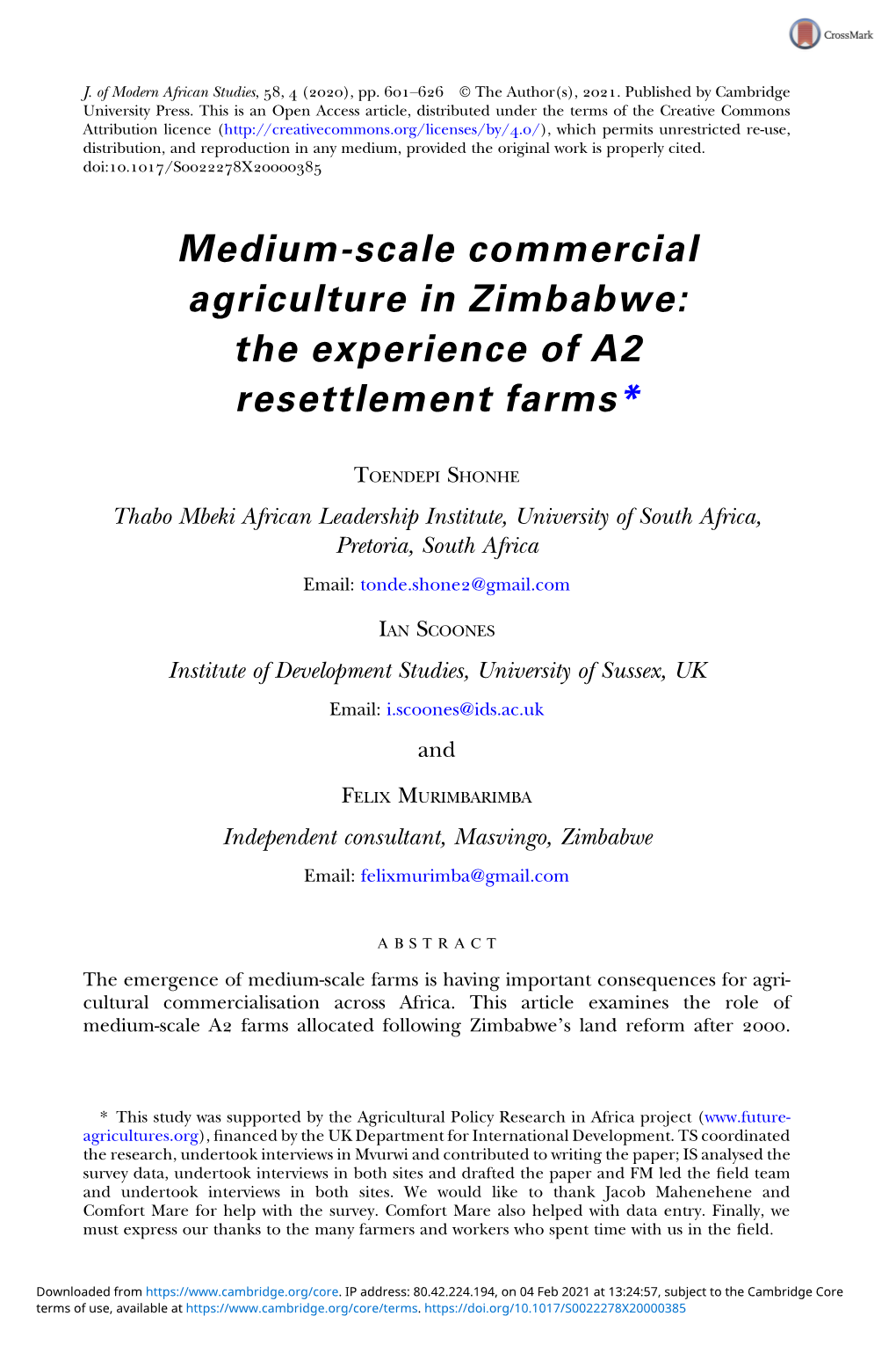 Medium-Scale Commercial Agriculture in Zimbabwe: the Experience of A2 Resettlement Farms*