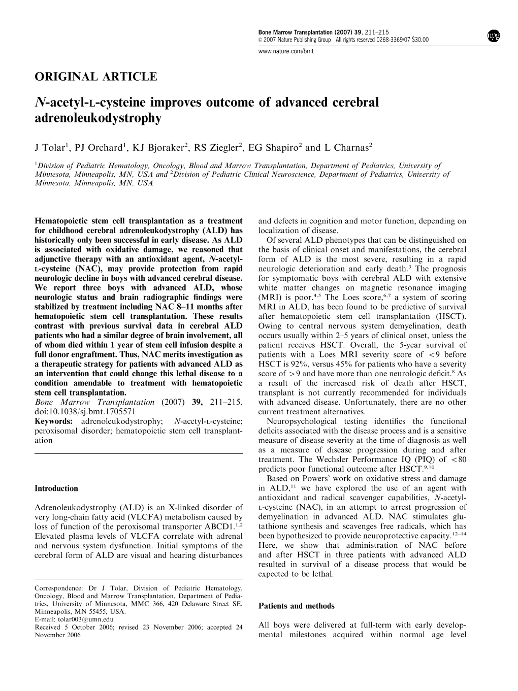 N-Acetyl-L-Cysteine Improves Outcome of Advanced Cerebral Adrenoleukodystrophy