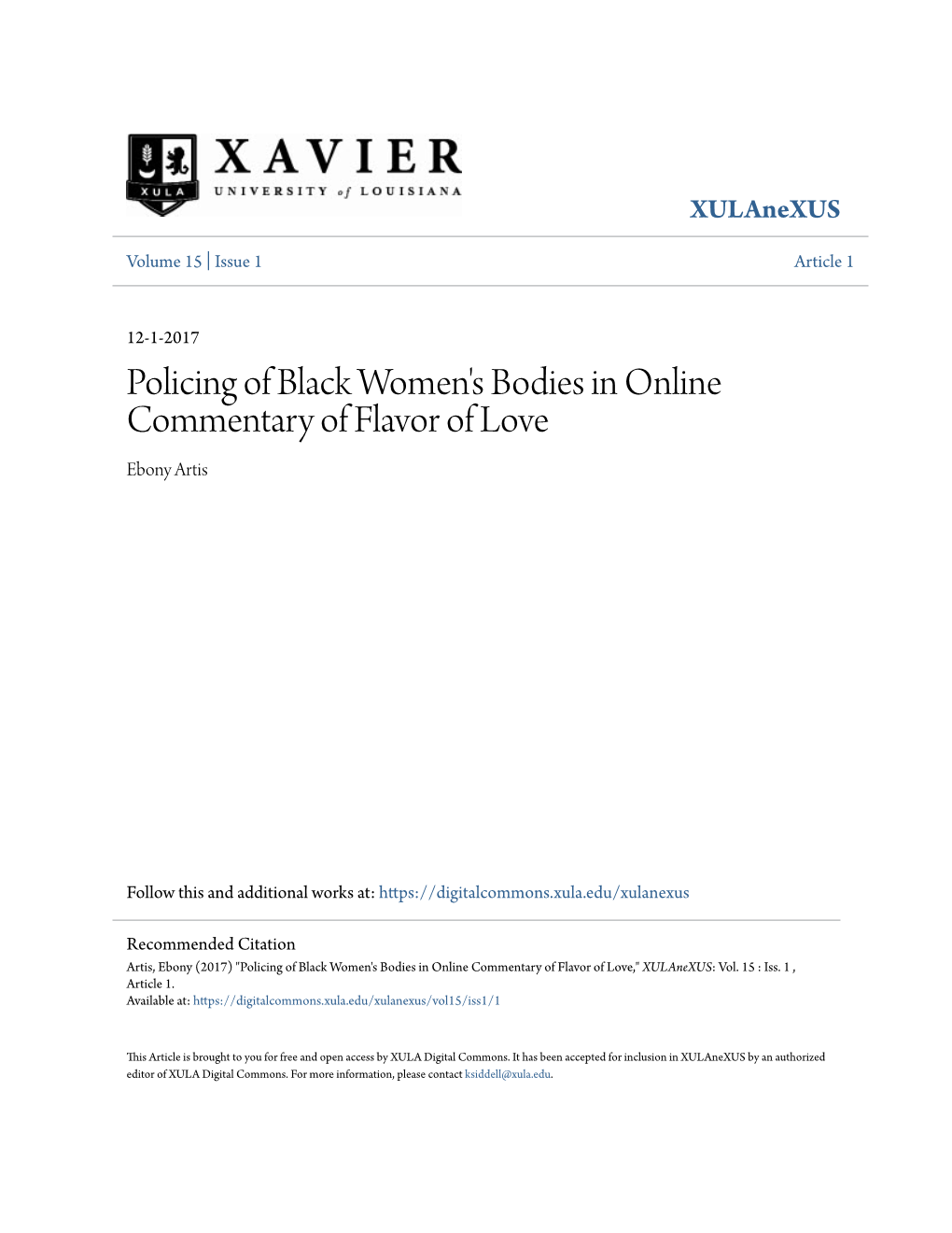 Policing of Black Women's Bodies in Online Commentary of Flavor of Love Ebony Artis