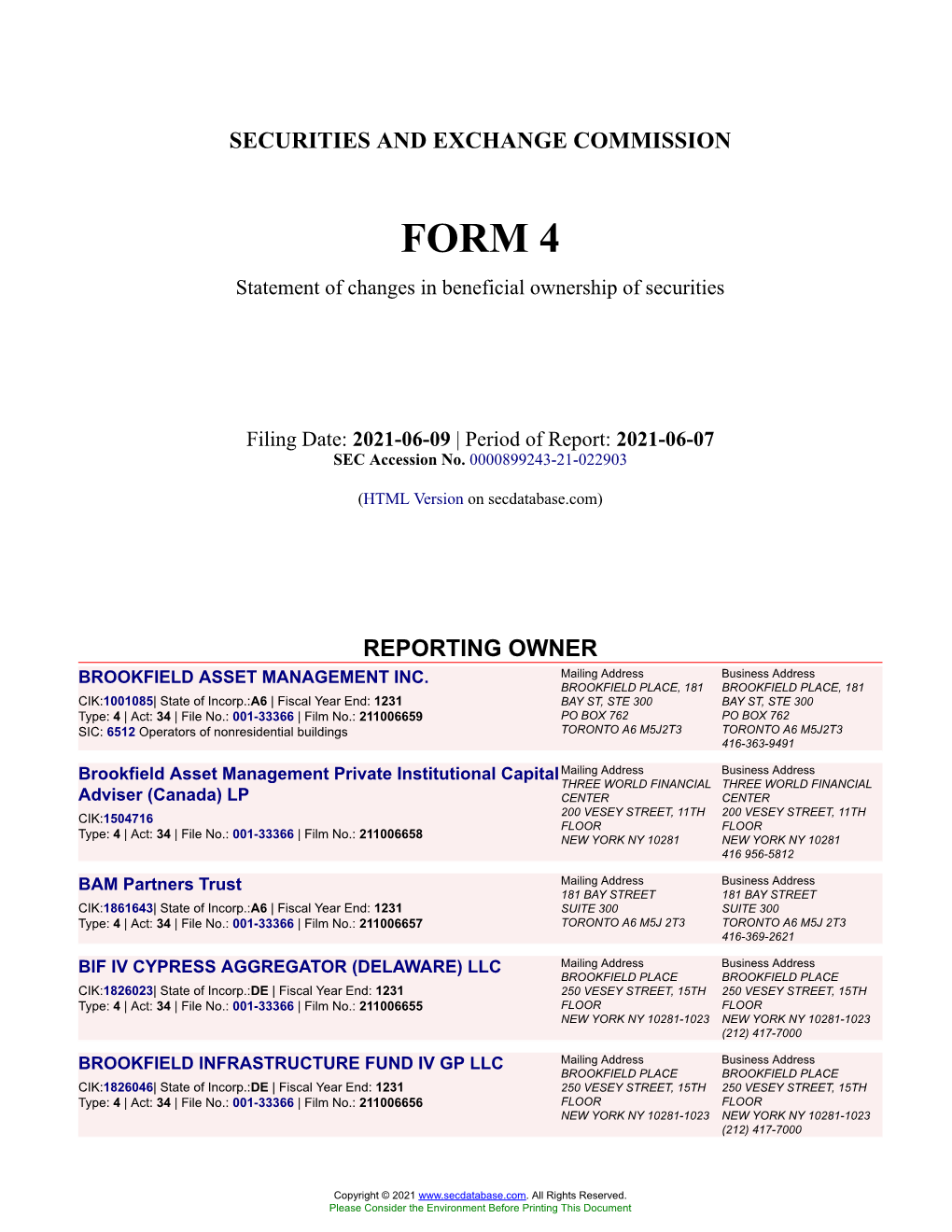 BROOKFIELD ASSET MANAGEMENT INC. Form 4