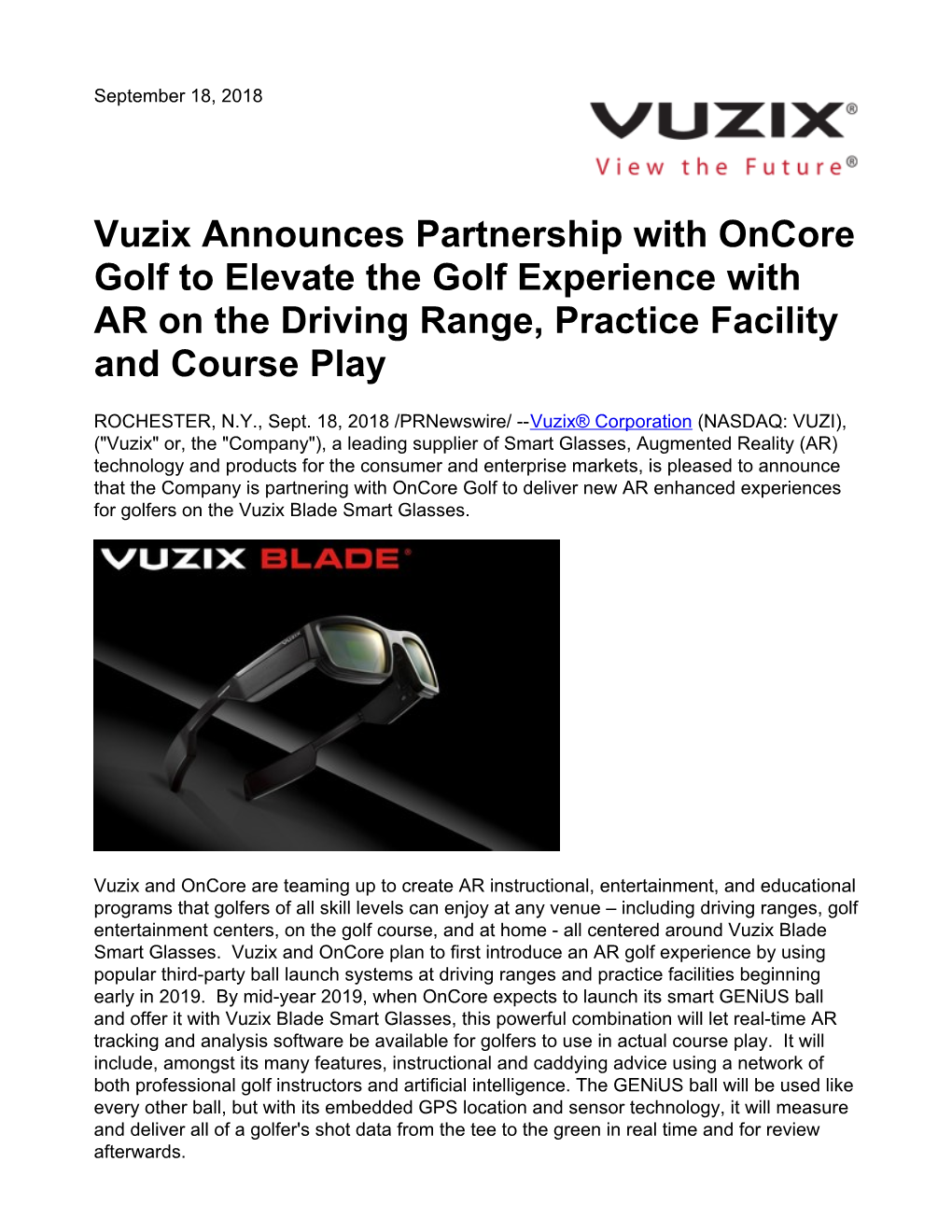 Vuzix Announces Partnership with Oncore Golf to Elevate the Golf Experience with AR on the Driving Range, Practice Facility and Course Play