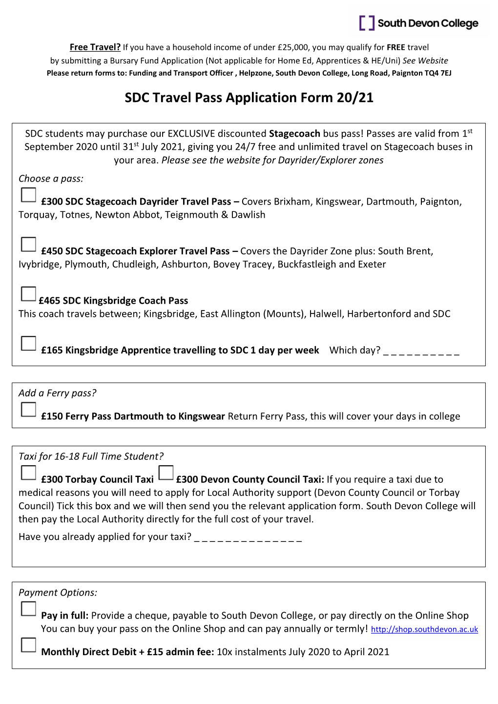 SDC Travel Pass Application Form 20/21