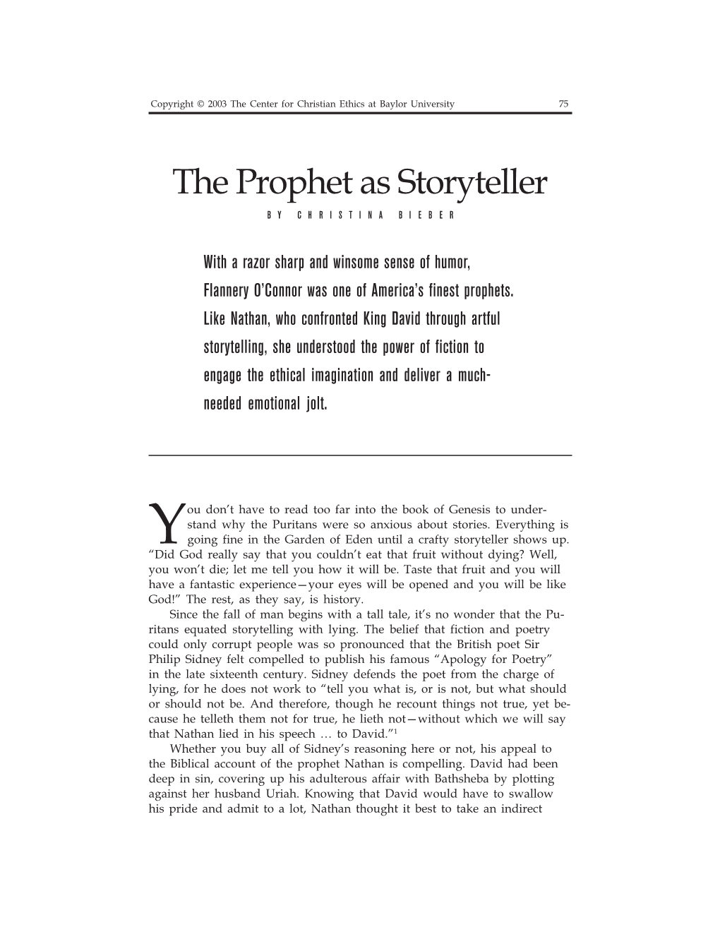 The Prophet As Storyteller by CHRISTINA BIEBER