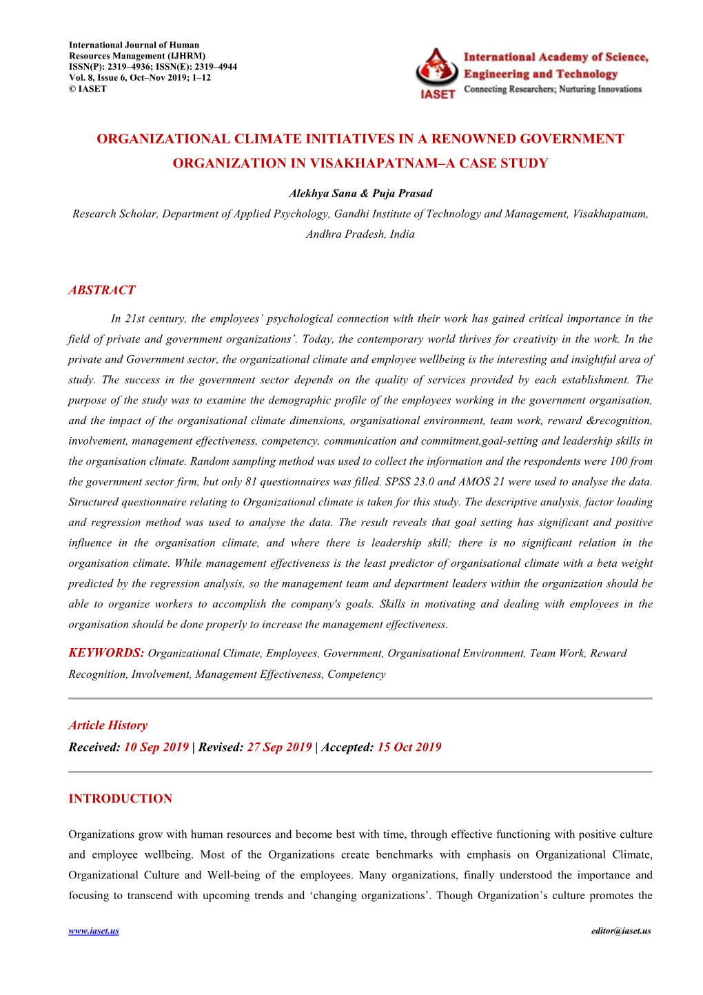 Organizational Climate Initiatives in a Renowned Government Organization in Visakhapatnam–A Case Study