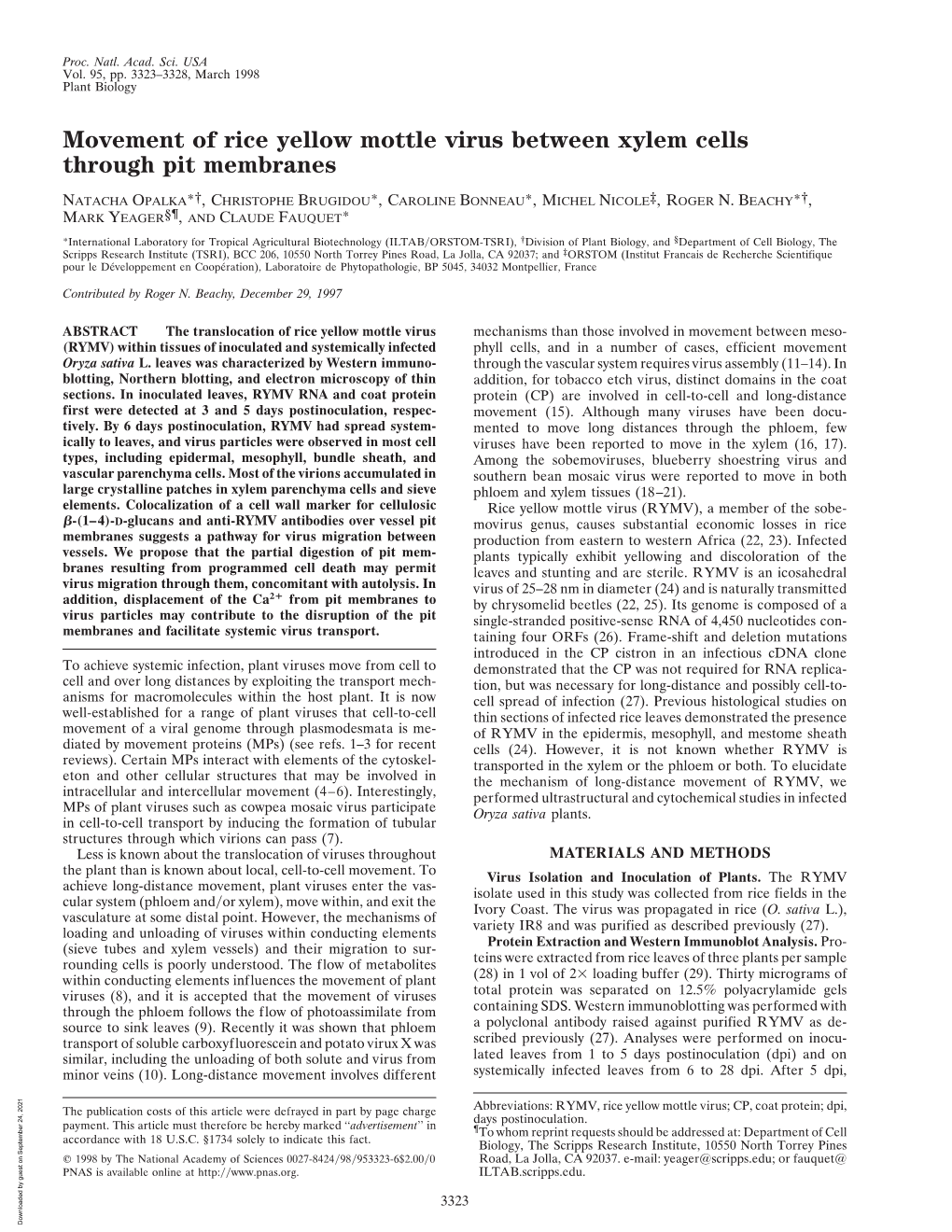 Movement of Rice Yellow Mottle Virus Between Xylem Cells Through Pit Membranes