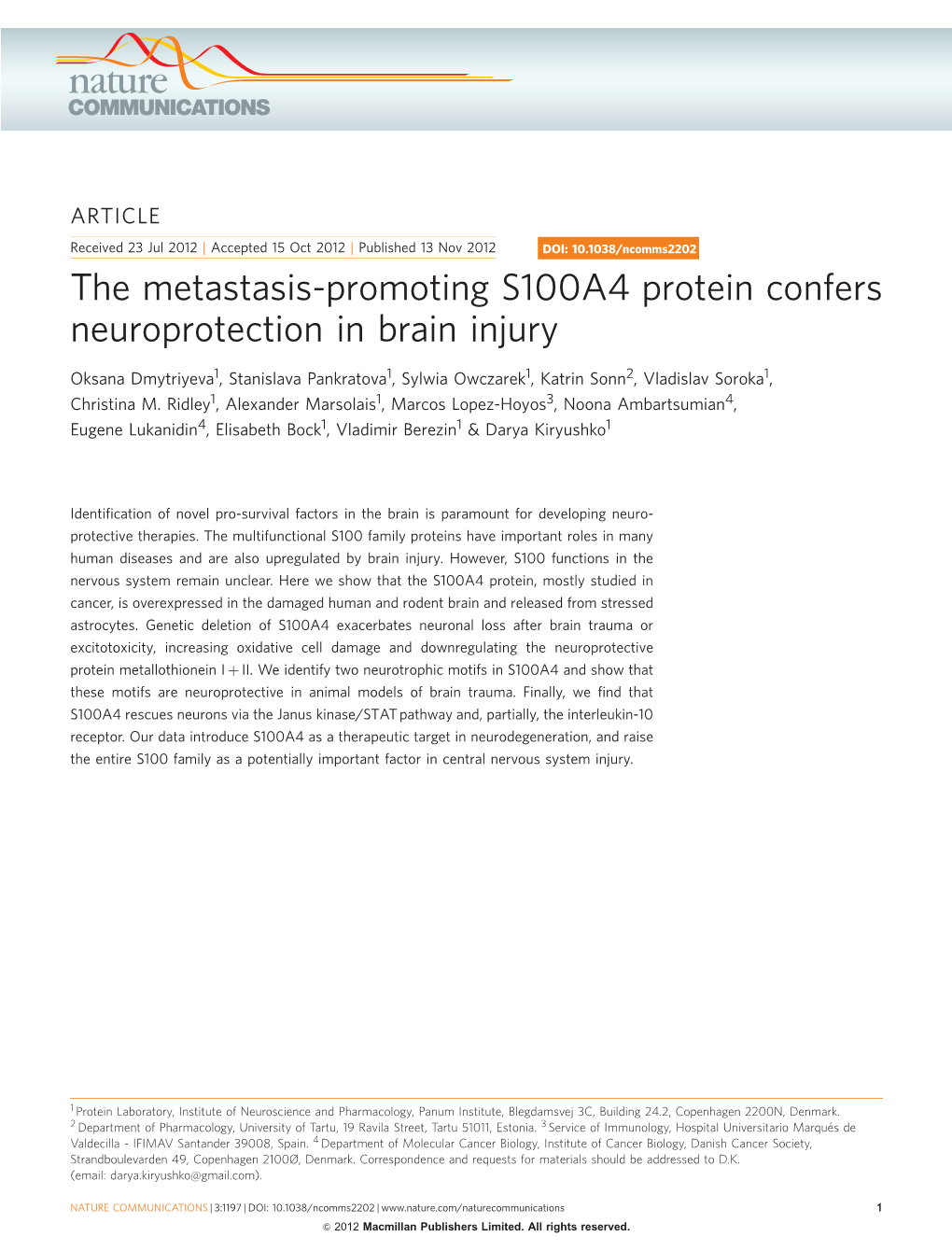 The Metastasis-Promoting S100A4 Protein Confers Neuroprotection in Brain Injury