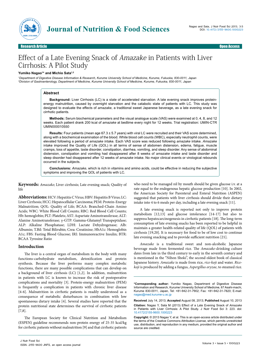 Effect of a Late Evening Snack of Amazake in Patients with Liver