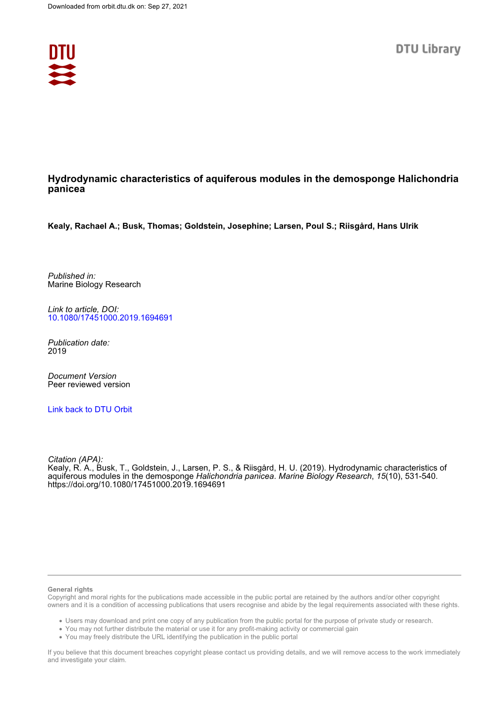 Hydrodynamic Characteristics of Aquiferous Modules in the Demosponge Halichondria Panicea