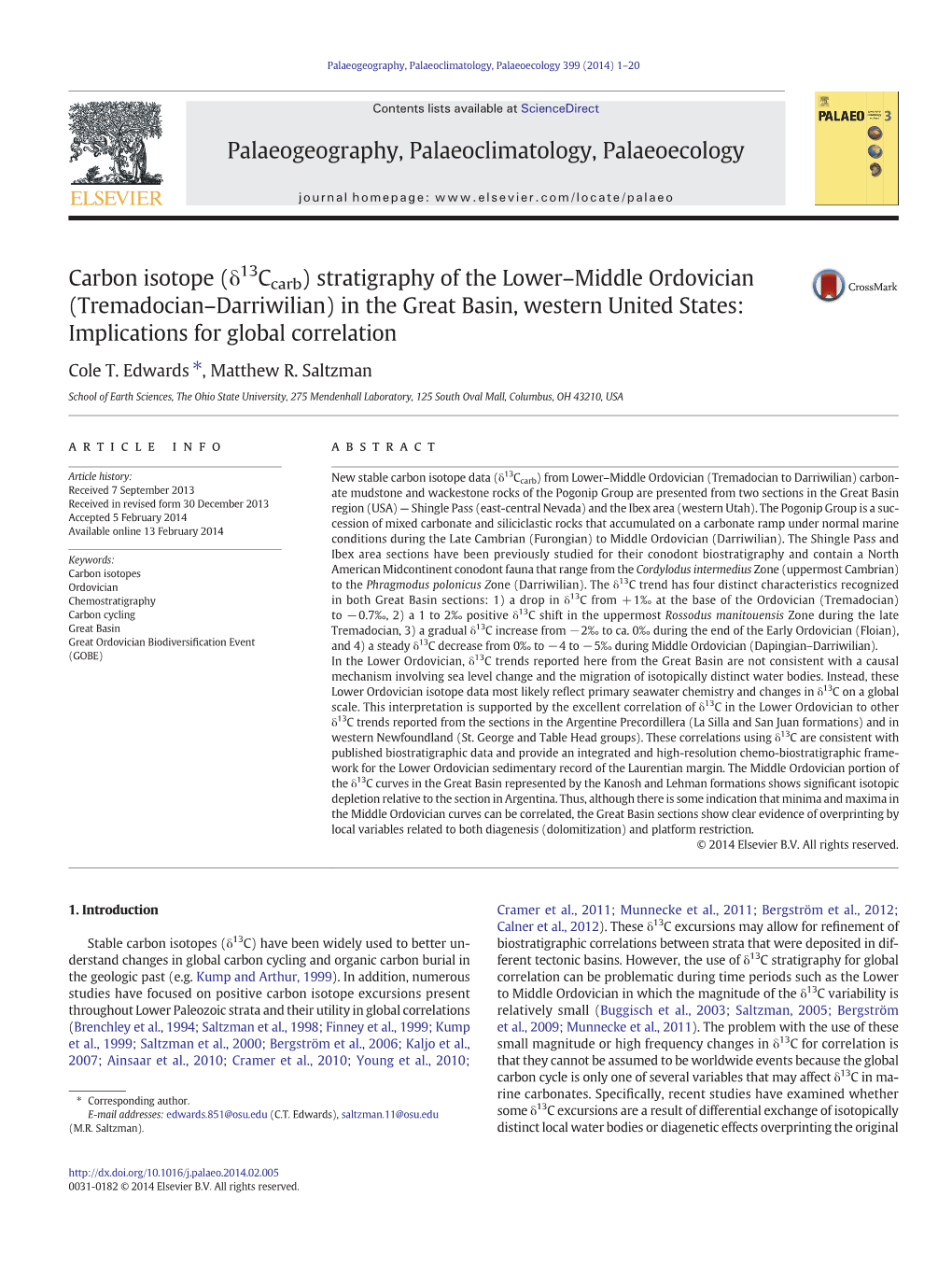 Carbon Isotope (Δ13ccarb) Stratigraphy of the Lower–Middle Ordovician