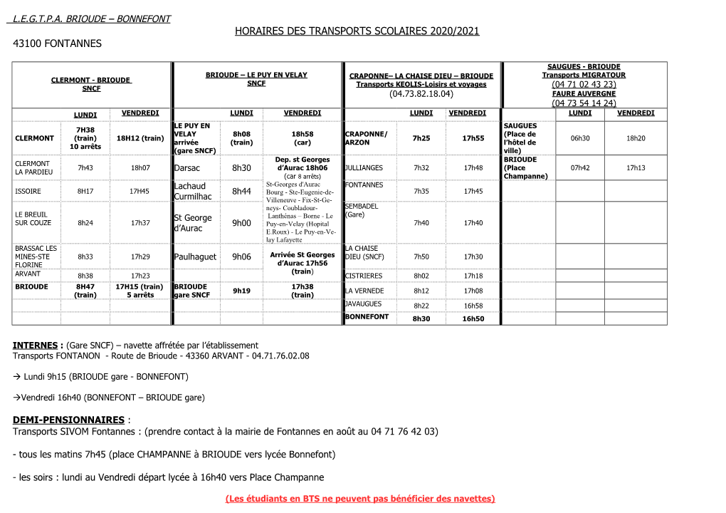 Horaires Transport Scolaire