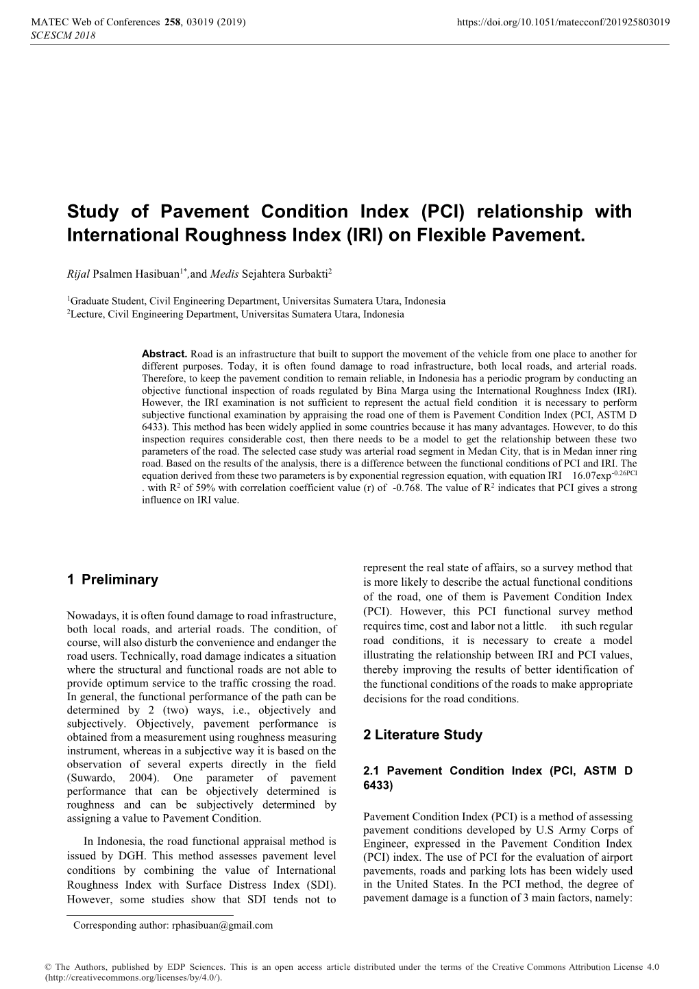 (PCI) Relationship with International Roughness Index (IRI) on Flexible Pavement