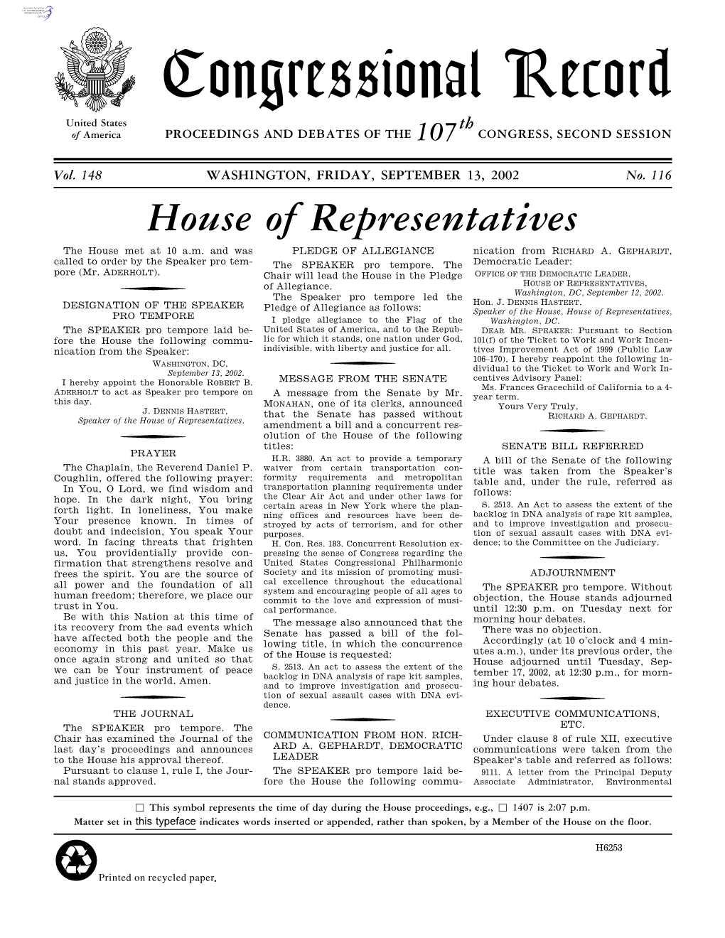 Congressional Record United States Th of America PROCEEDINGS and DEBATES of the 107 CONGRESS, SECOND SESSION