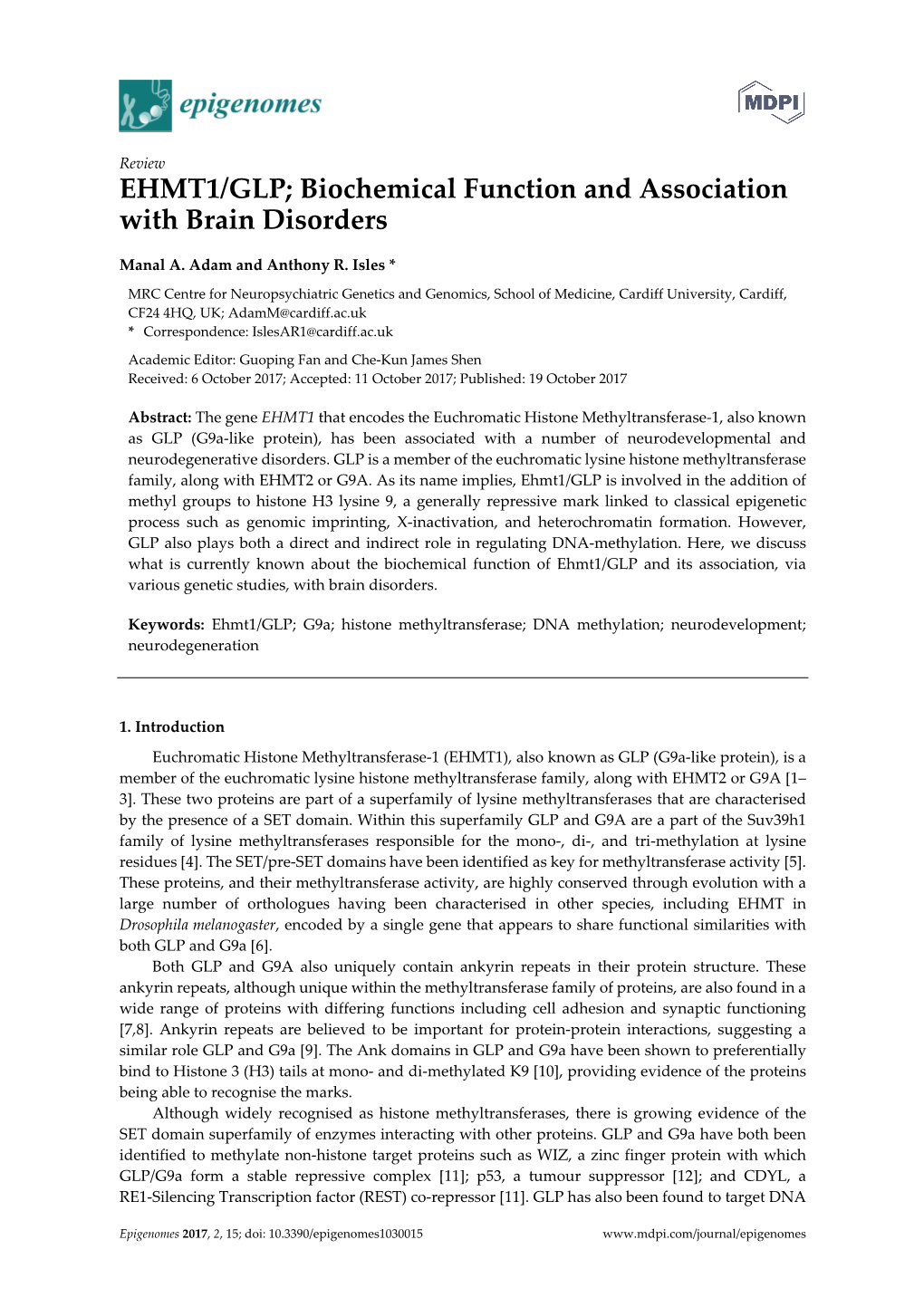 EHMT1/GLP; Biochemical Function and Association with Brain Disorders
